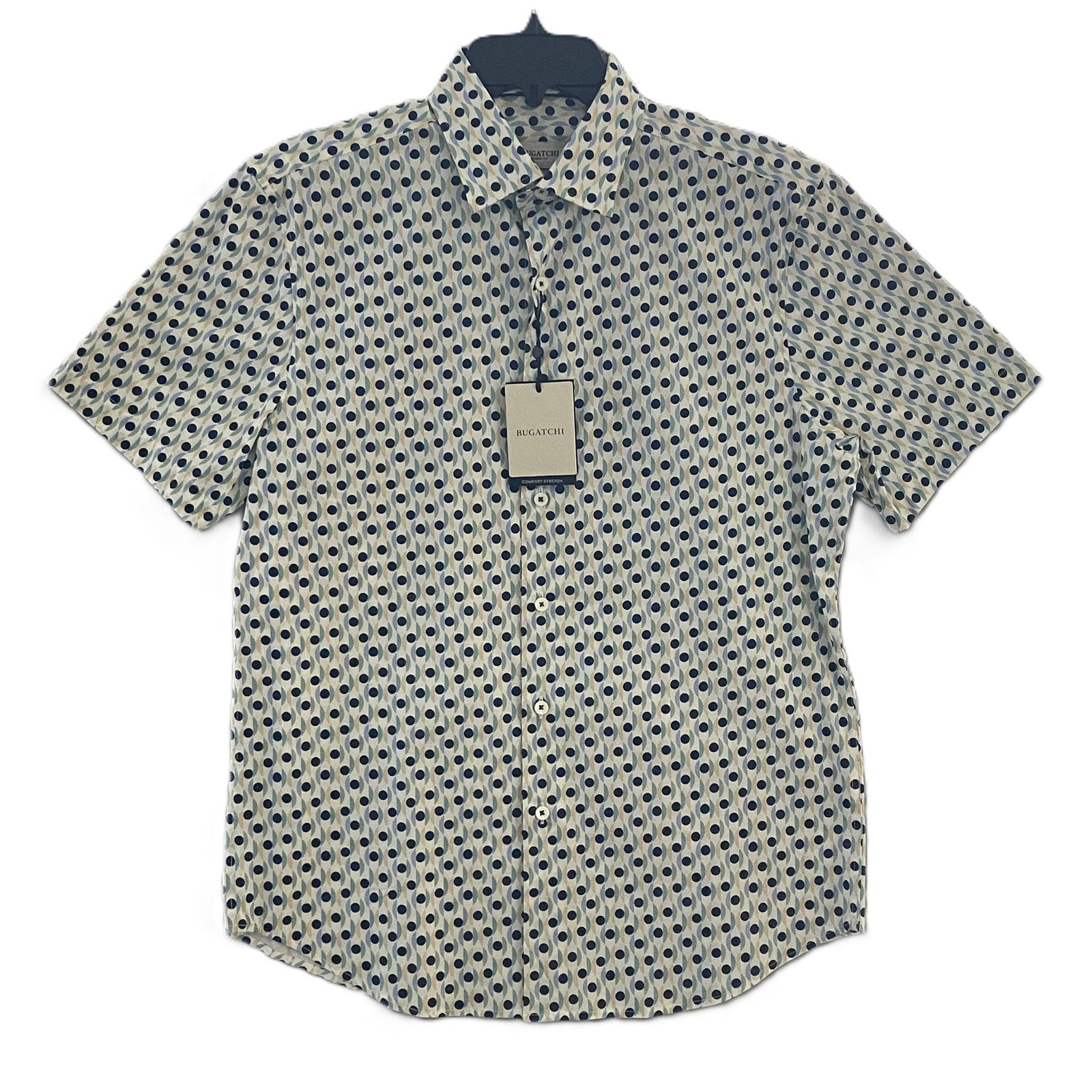 Bugatchi Shirt Men's Small Short Sleeve Shaped Fit Button-Up Cool Mint Geo