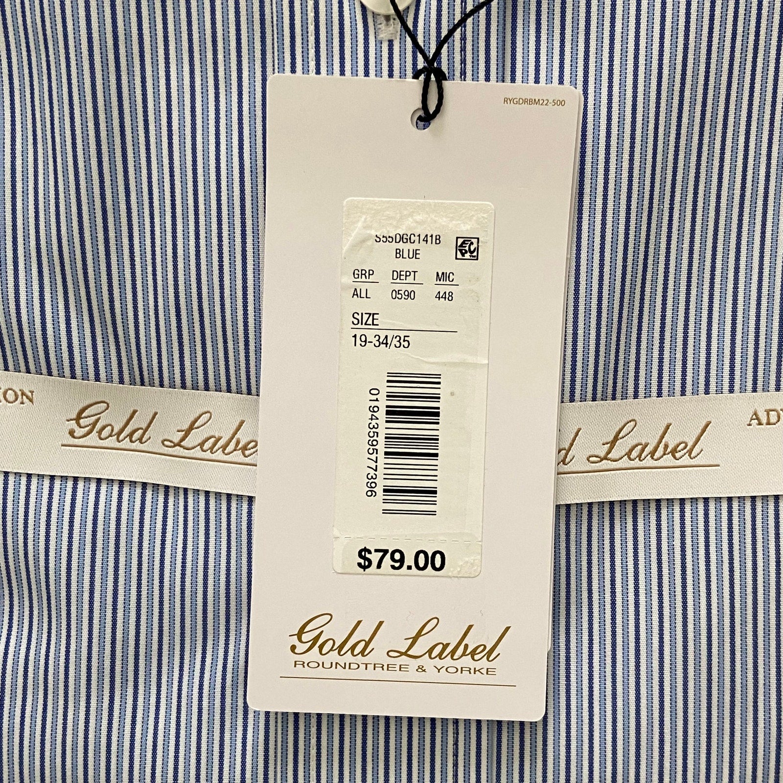 Roundtree & Yorke Shirt Big & Tall Men's 19 34/35 Blue Pinstripe Dress Shirt