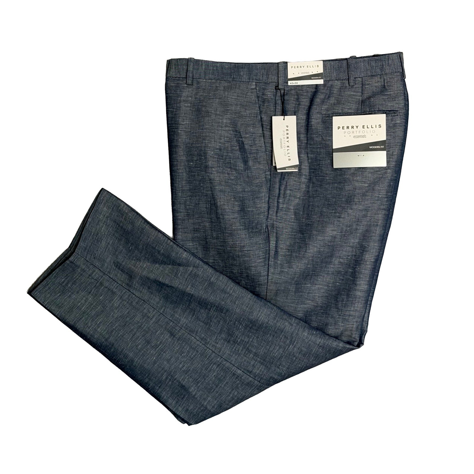 Perry Ellis Portfolio Pants Men's 42"x30" Modern Fit Linen Blend Blueprint