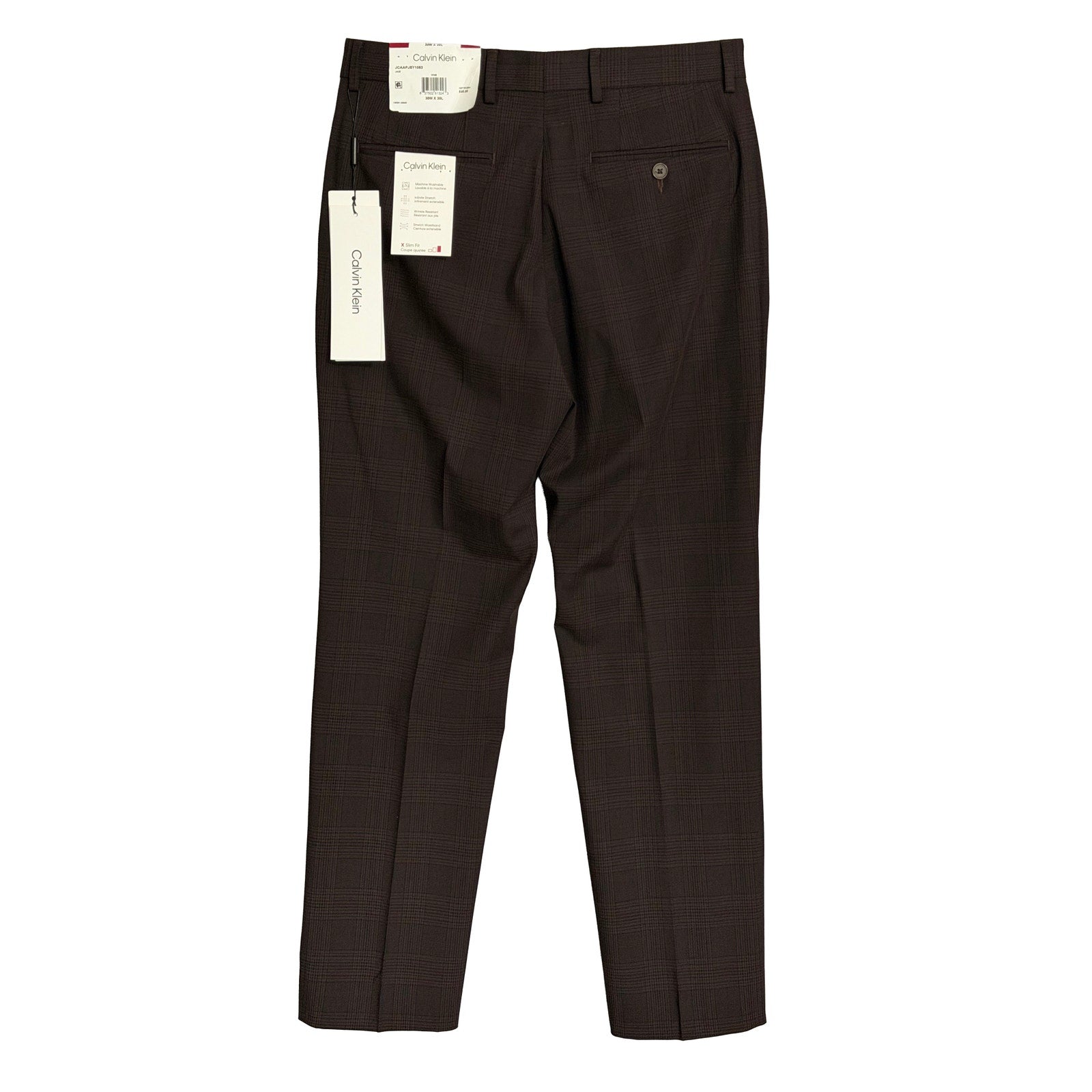 Calvin Klein Dress Pant Men's 30"x30" Slim Fit Flat Front Stretch Wine Plaid