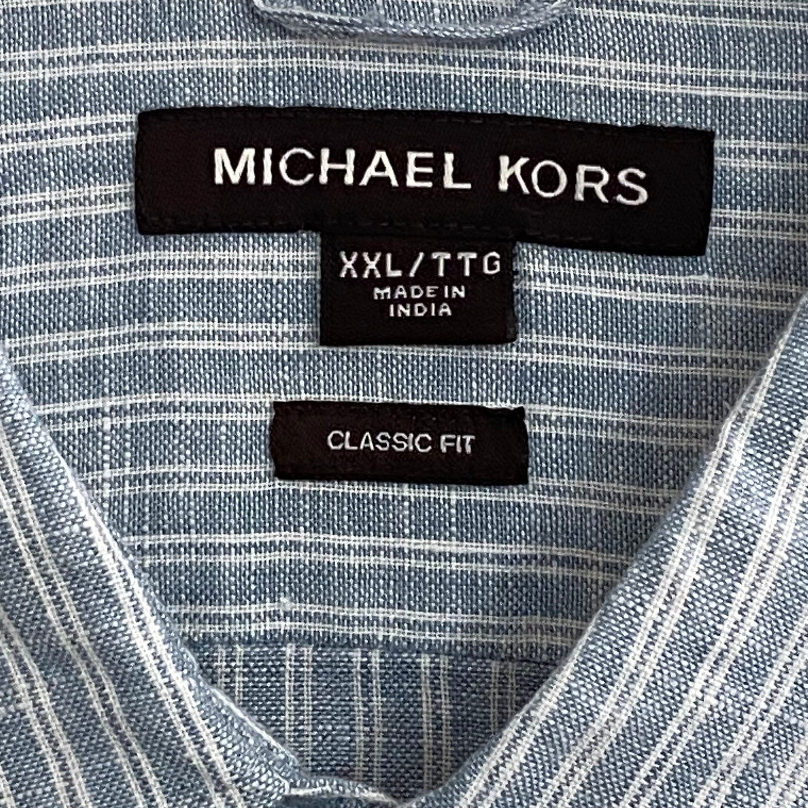 Michael Kors Shirt Men's XXL Classic Fit Linen Short Sleeve Blue Pinstripe