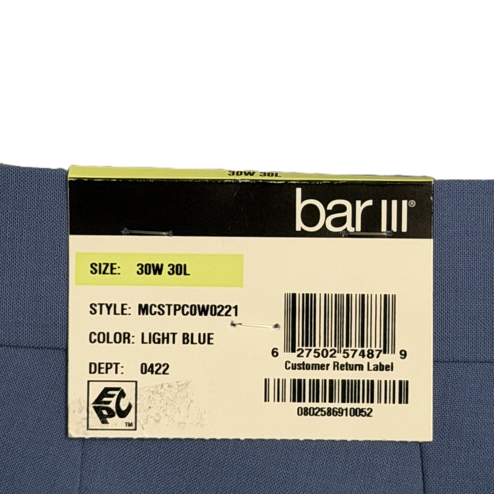 Bar III Dress Pants Men's 30"x30" Slim Fit Wool Blend Stretch Light Blue