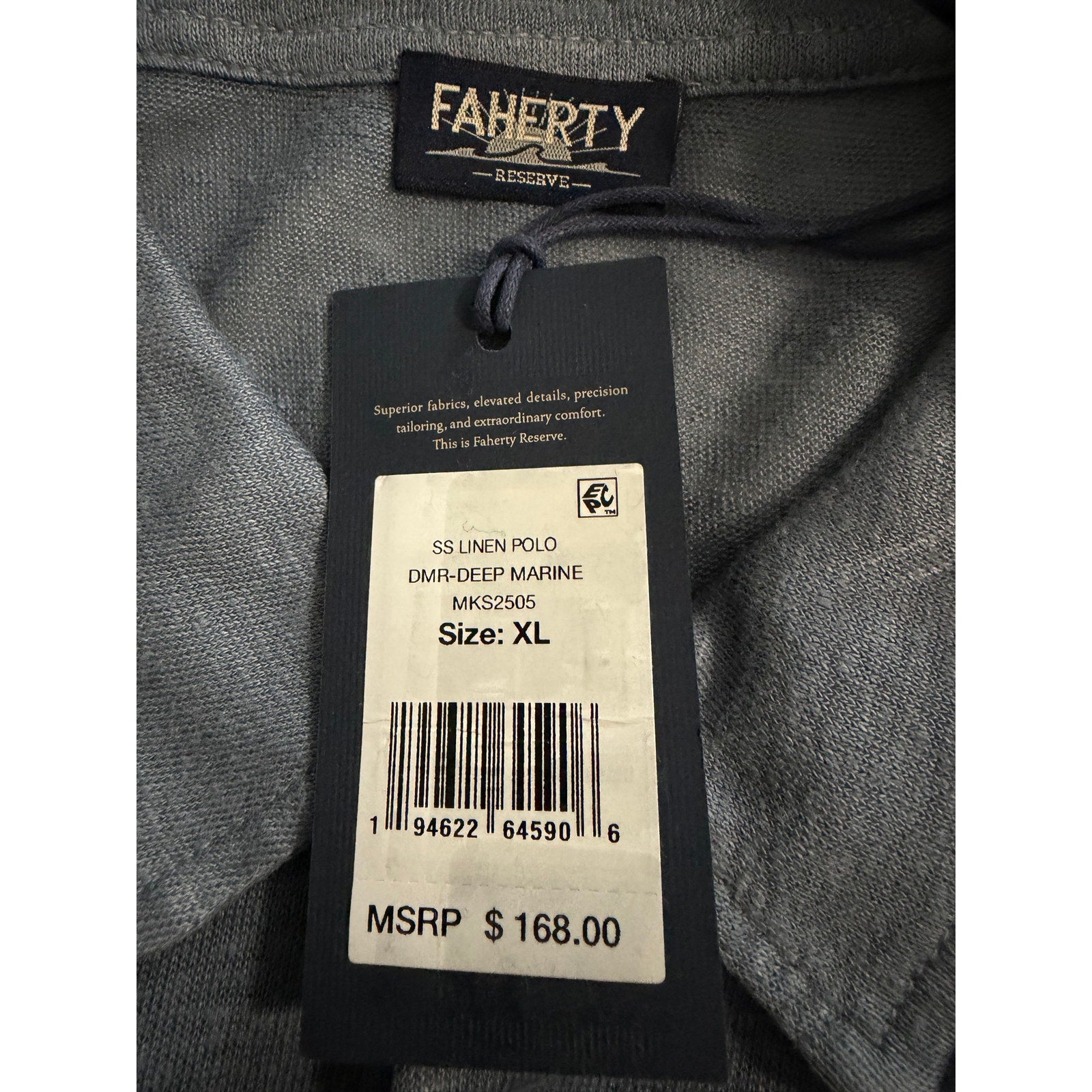 Faherty Polo Shirt Men's XL Reserve Short Sleeve Linen Deep Marine Blue NEW