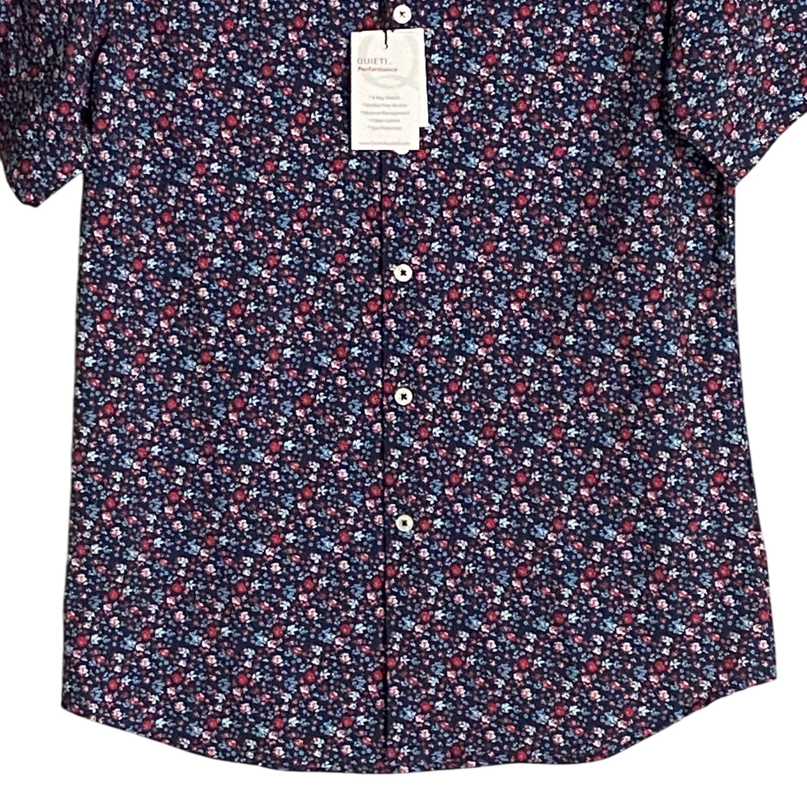 Quieti Performance Men's Shirt Small Short Sleeve Button-Up Navy Blue Floral