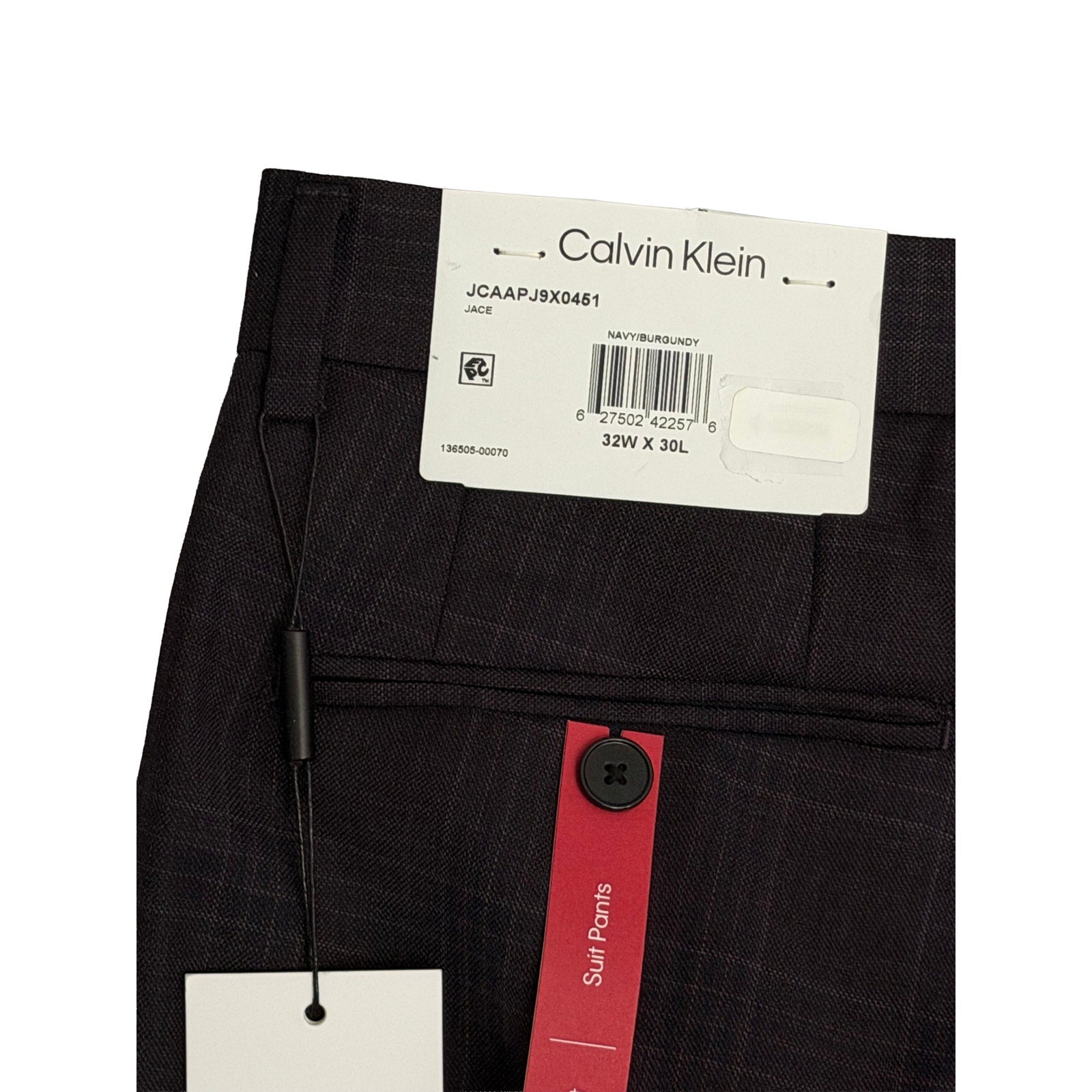 Calvin Klein Suit Pant Men's 32"x30" Slim Fit Stretch Navy Burgundy Check