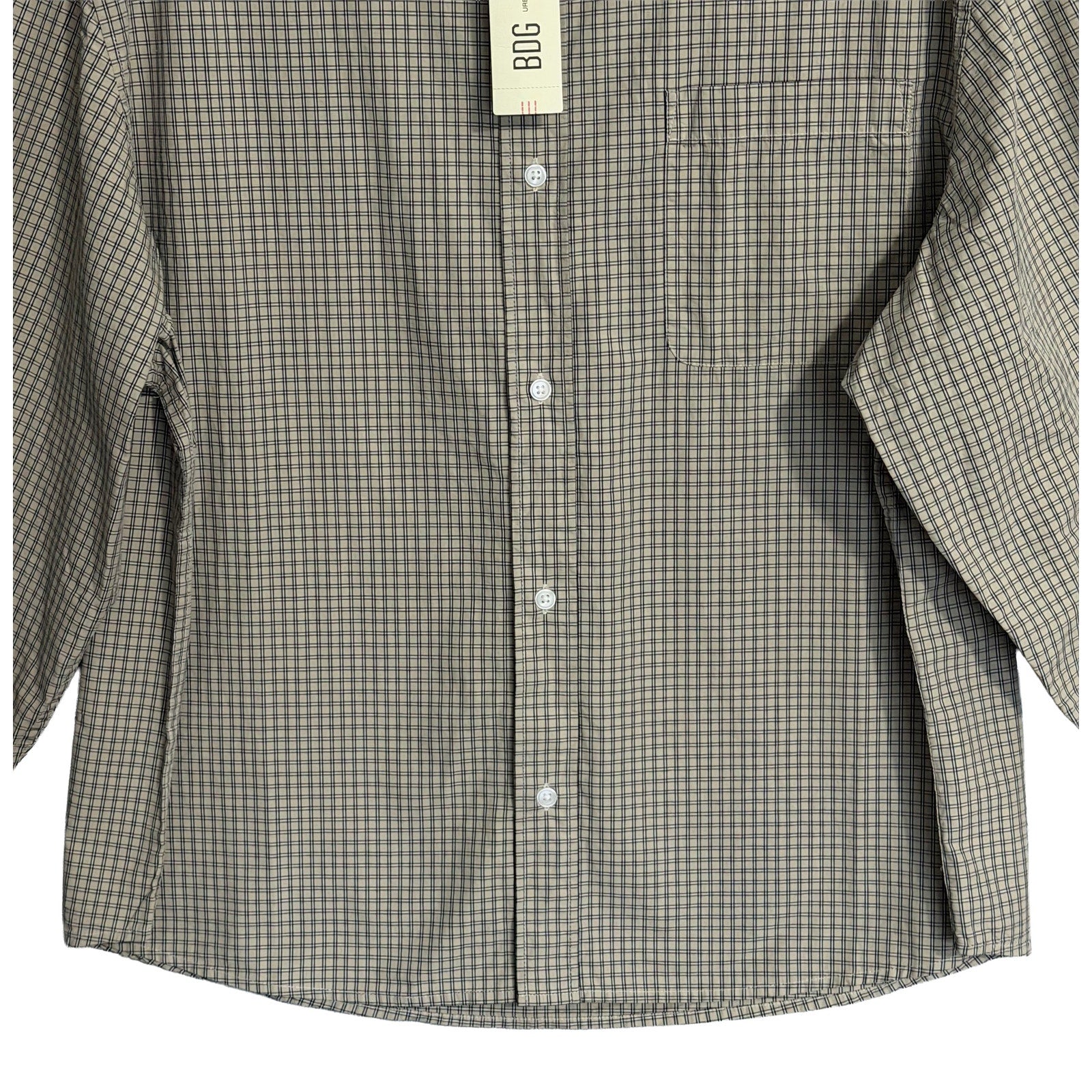 BDG Button-Up Shirt Men's Large Long Sleeve Beige and Black Plaid Check