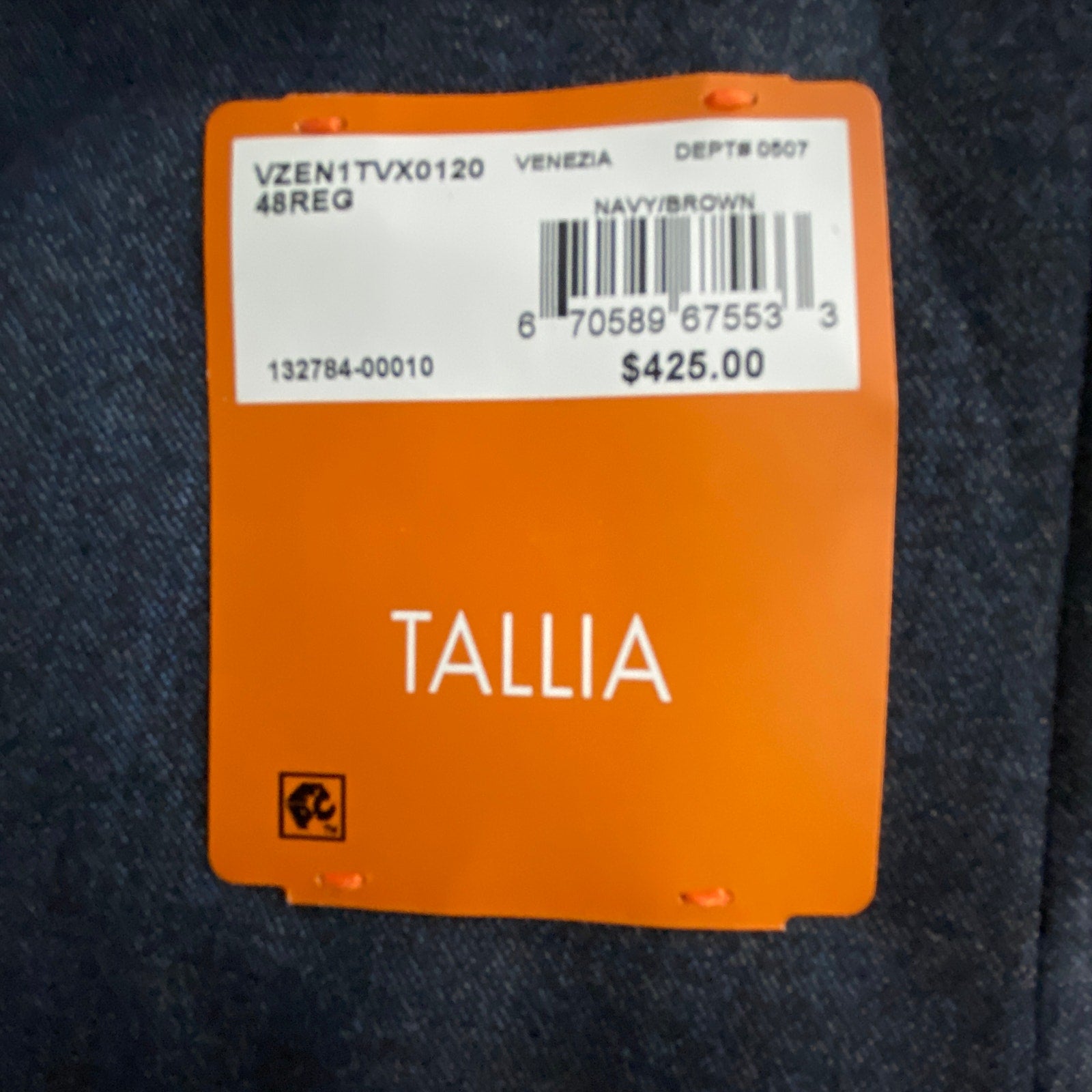 Tallia Men's 48 Regular Venezia Blazer Navy/Brown Wool Blend Stretch