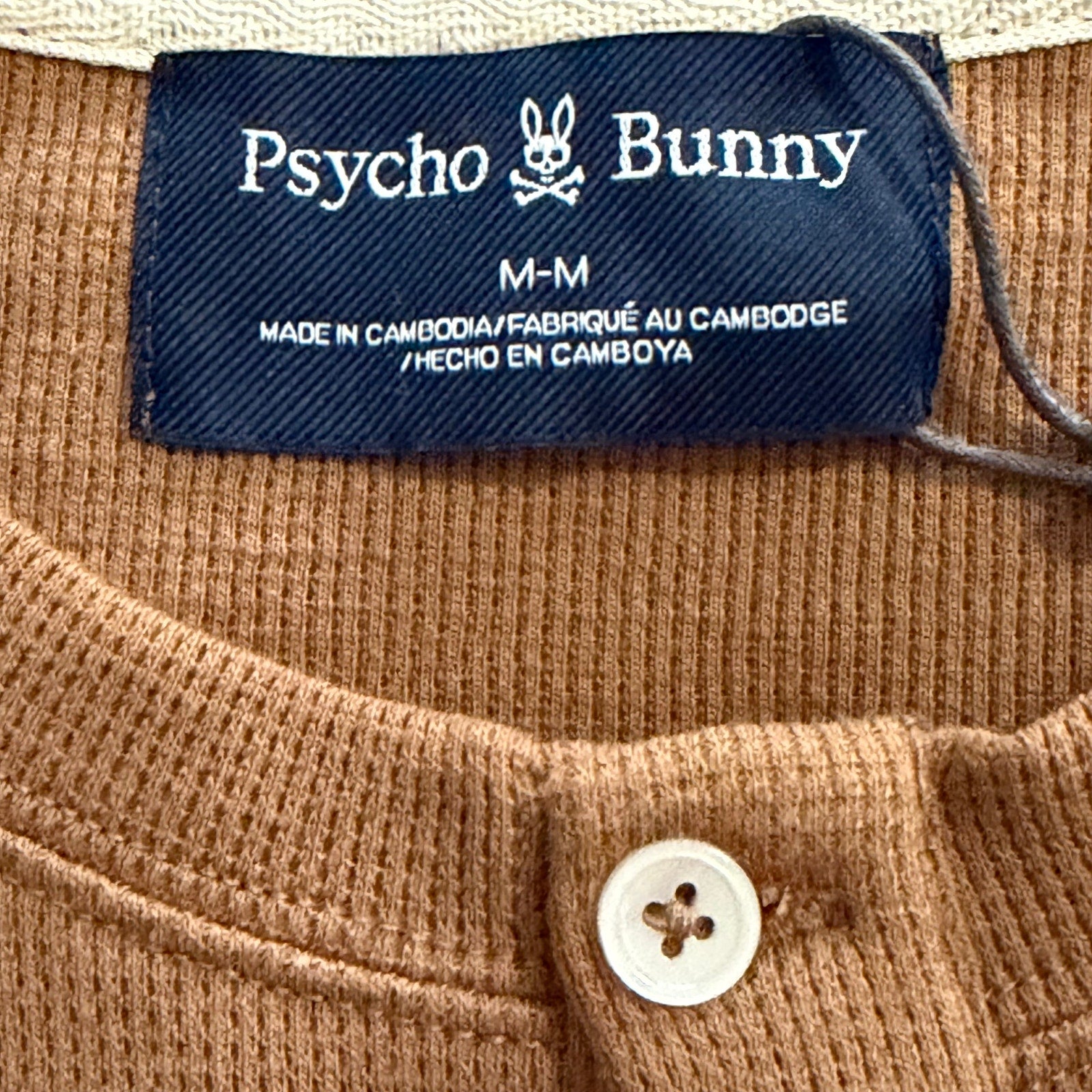 Psycho Bunny Henley T-Shirt Men's Medium Long Sleeve Chest Pocket Toasted Coconut