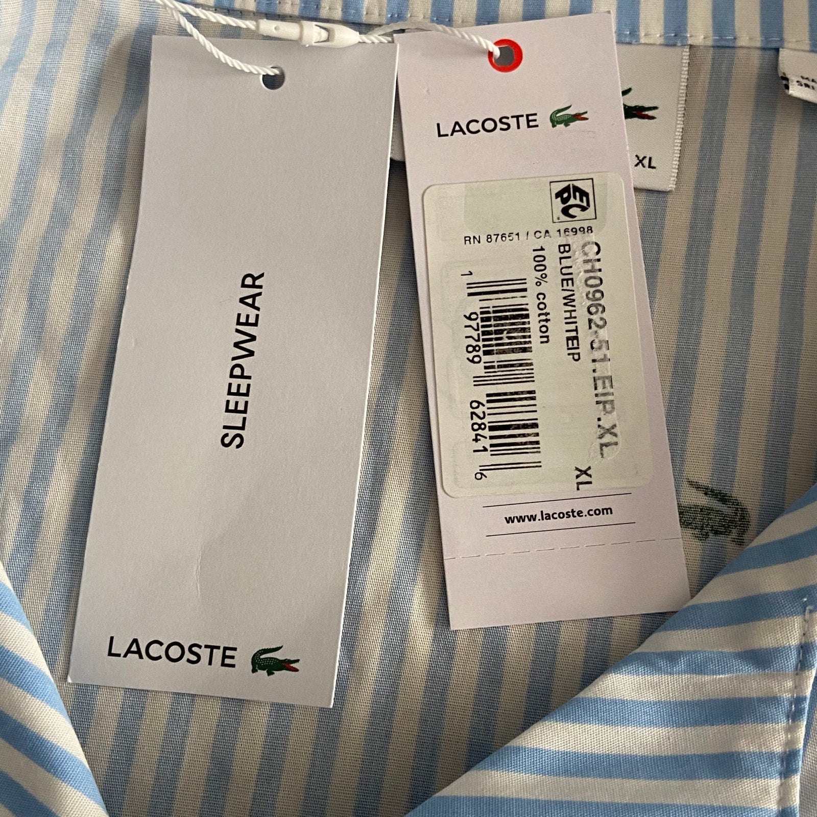 Lacoste Sleepwear Men's XL Poplin Pajama Shirt Cotton Blue Pinstripe
