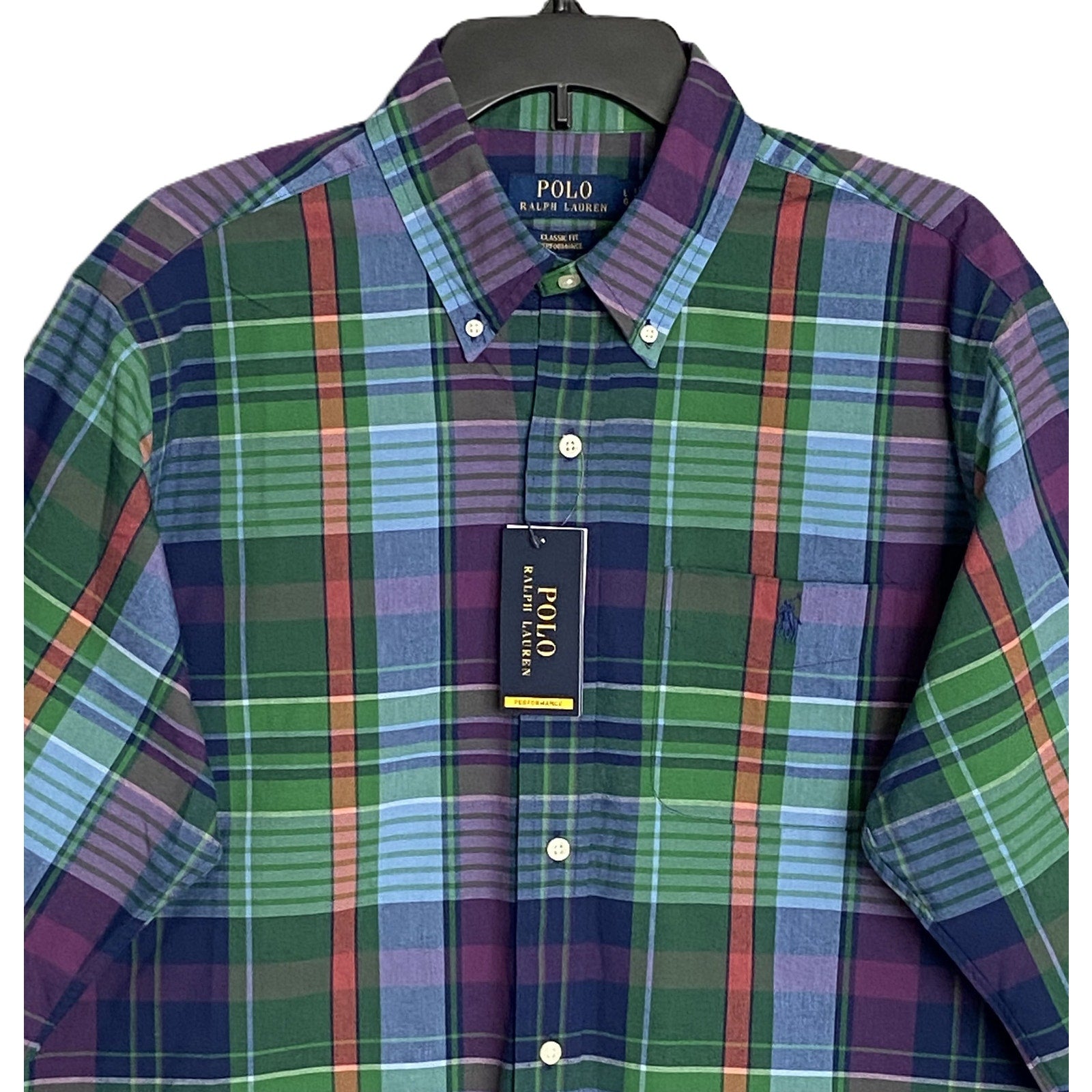 Polo Ralph Lauren Shirt Men's Large Classic Fit Performance Green/Navy Plaid
