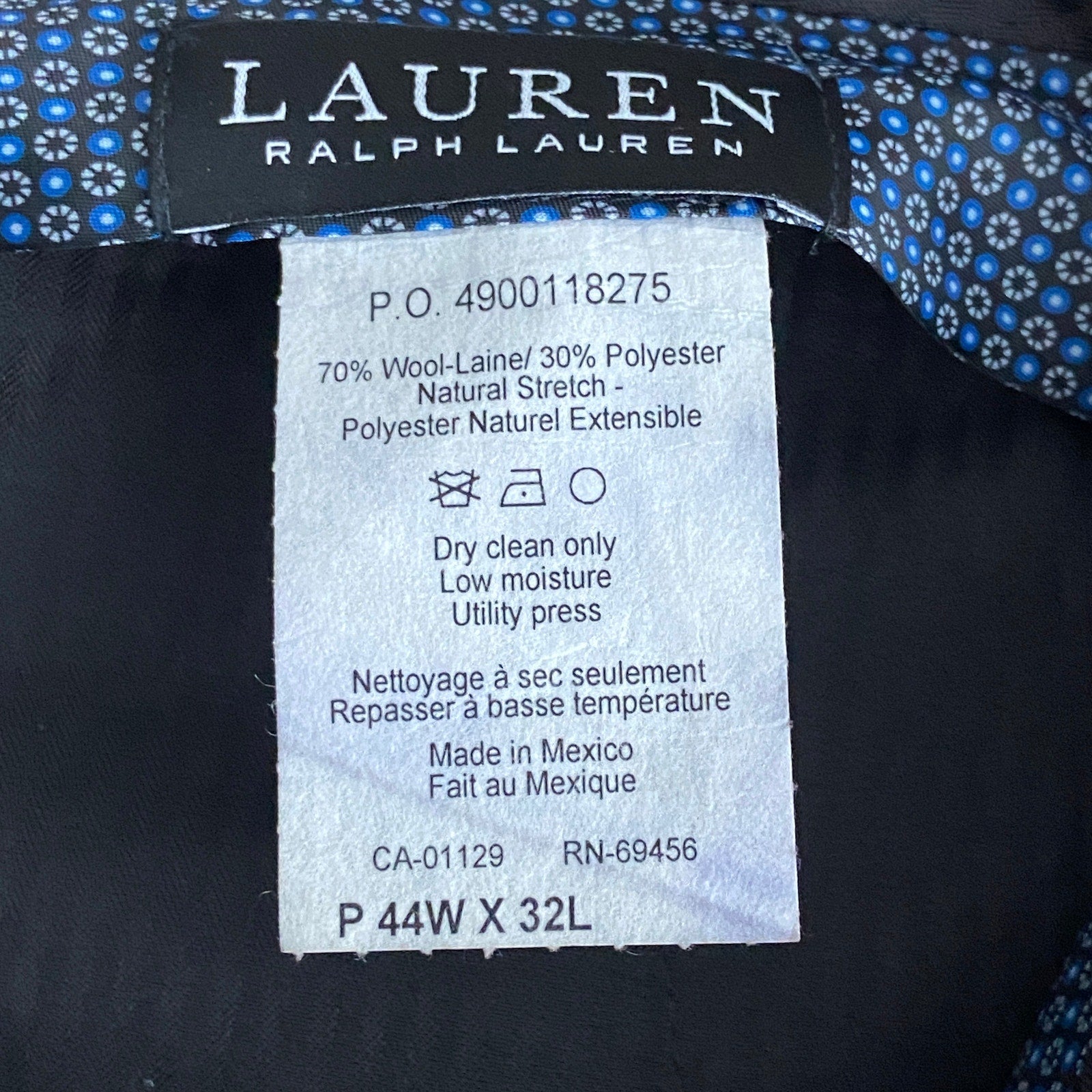 Lauren Ralph Lauren Suit Pant Men's 44x32 Classic Fit Ultraflex Solid Navy