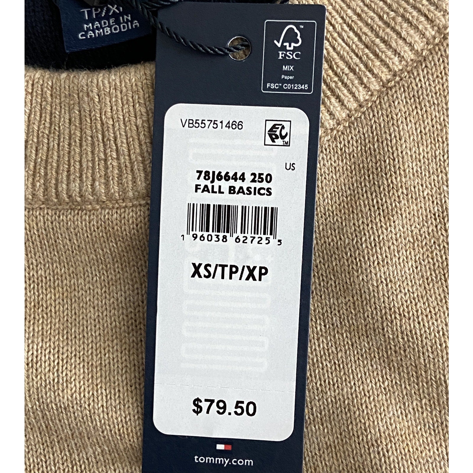 Tommy Hilfiger Sweater Men's XS Signature Crew Neck Embroidered Logo Beige