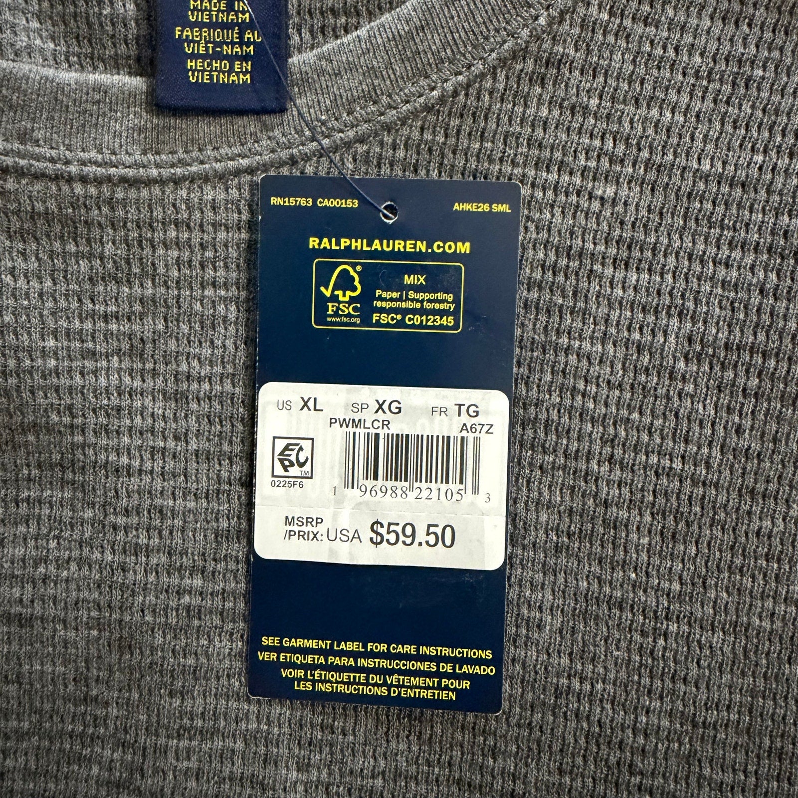 Polo Ralph Lauren Sleepwear Men's XL Crew Neck Long Sleeve Shirt Grey