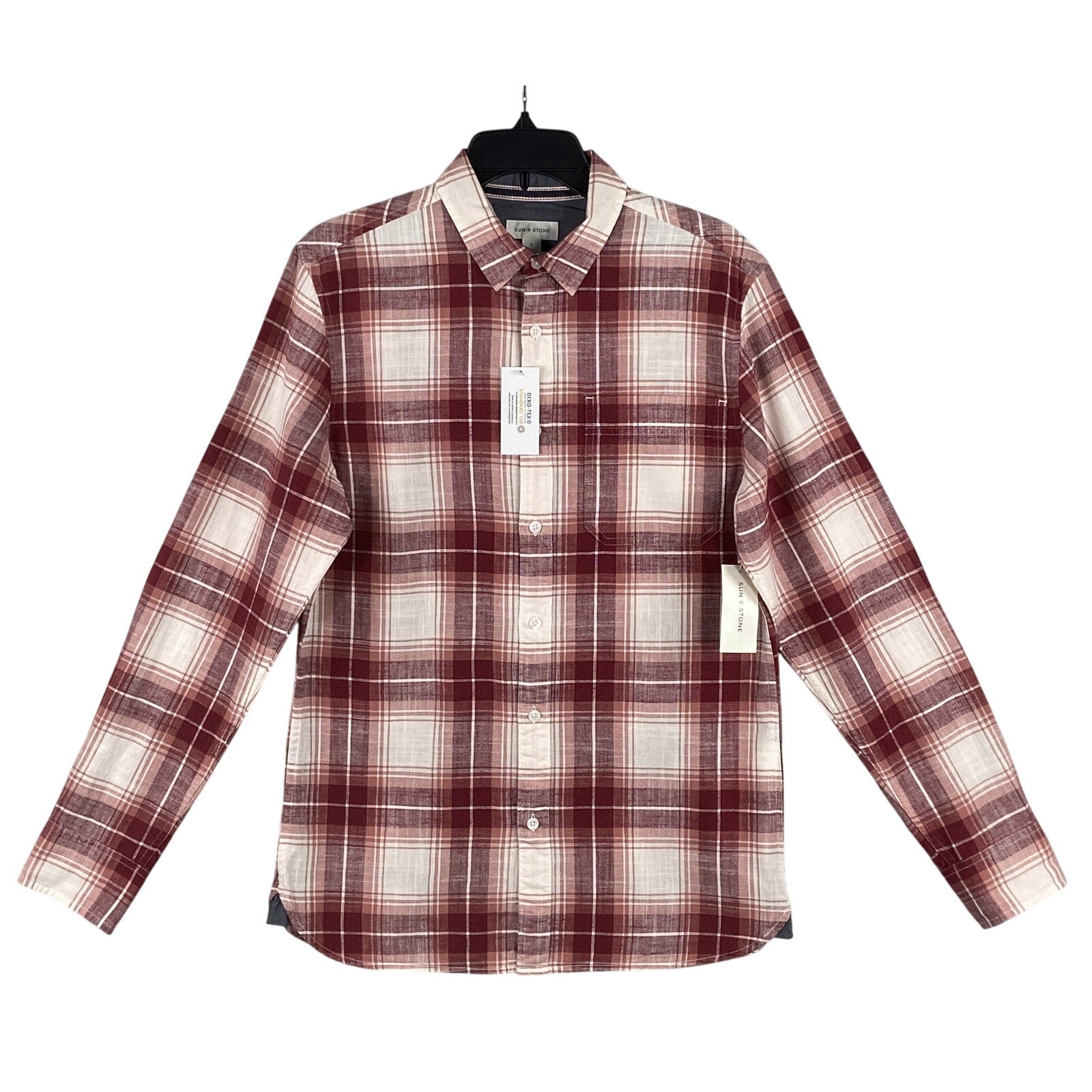 Sun + Stone Shirt Men's Small Woven Long Sleeve Button Up Raspberry Plaid