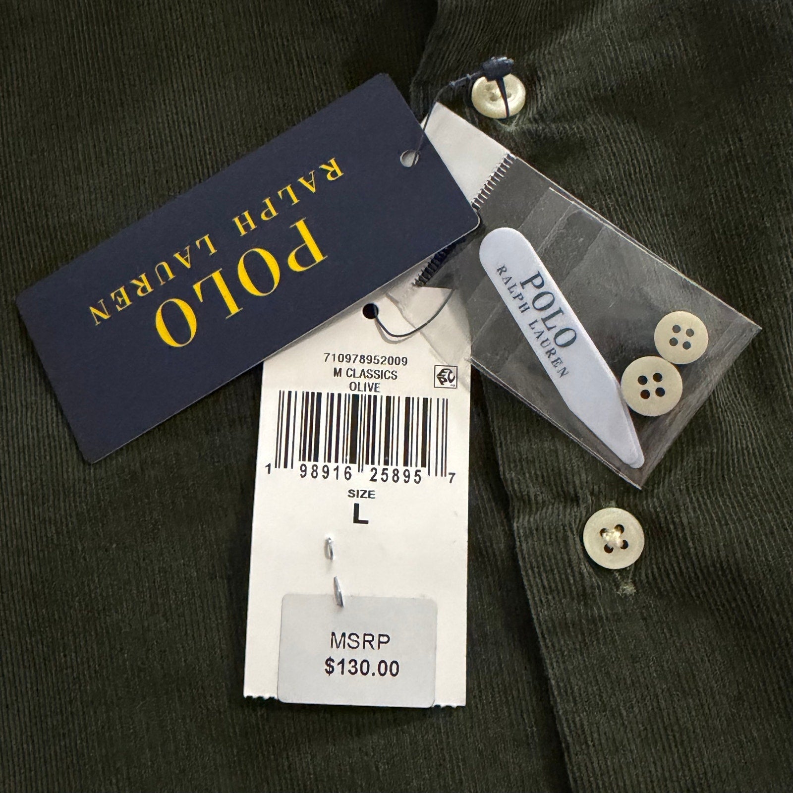 Polo Ralph Lauren Shirt Men's Large Corduroy Classic Fit Long Sleeve Olive
