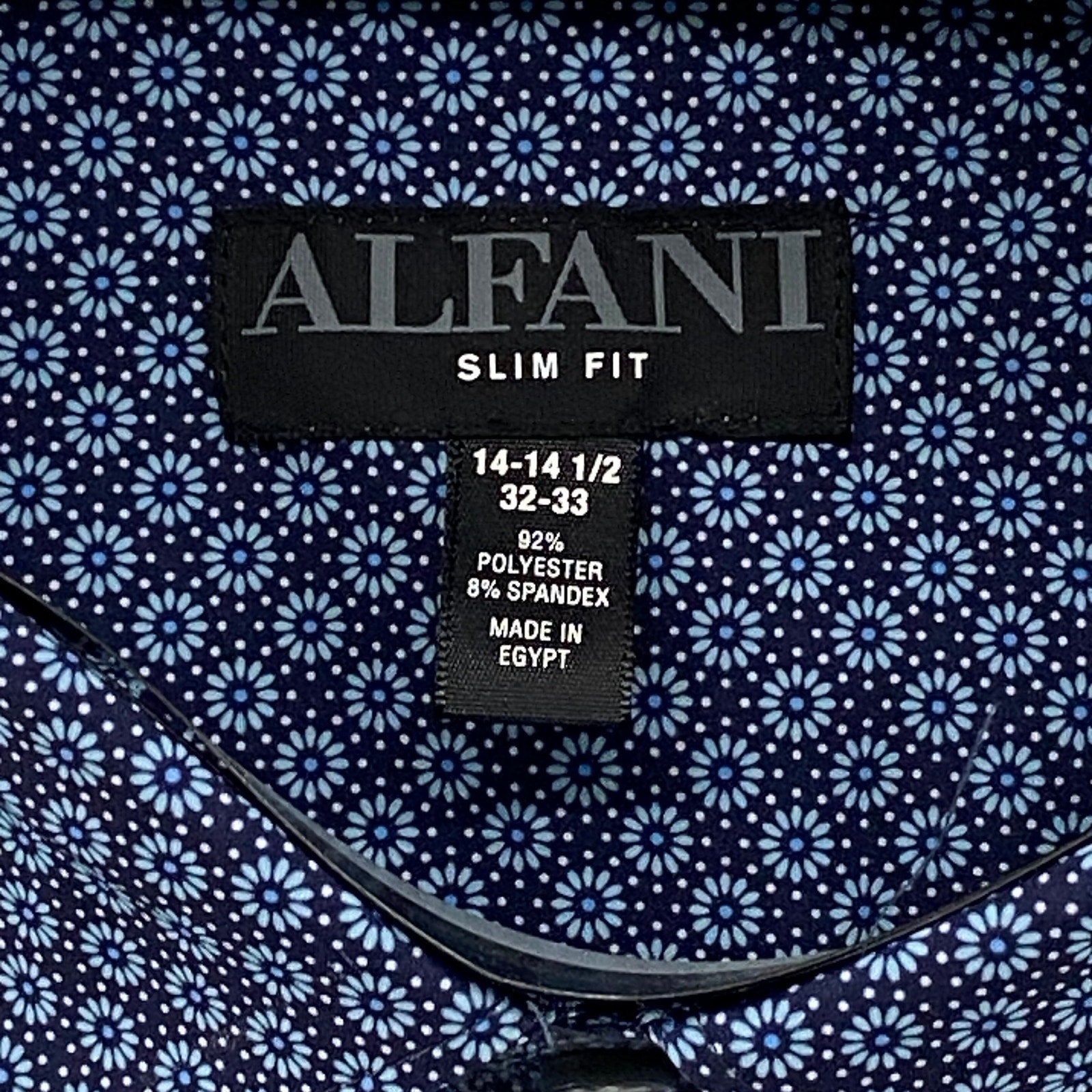 Alfani Dress Shirt Men's 14-14.5 32/33 Alfatech Slim Fit Blue Geo Print