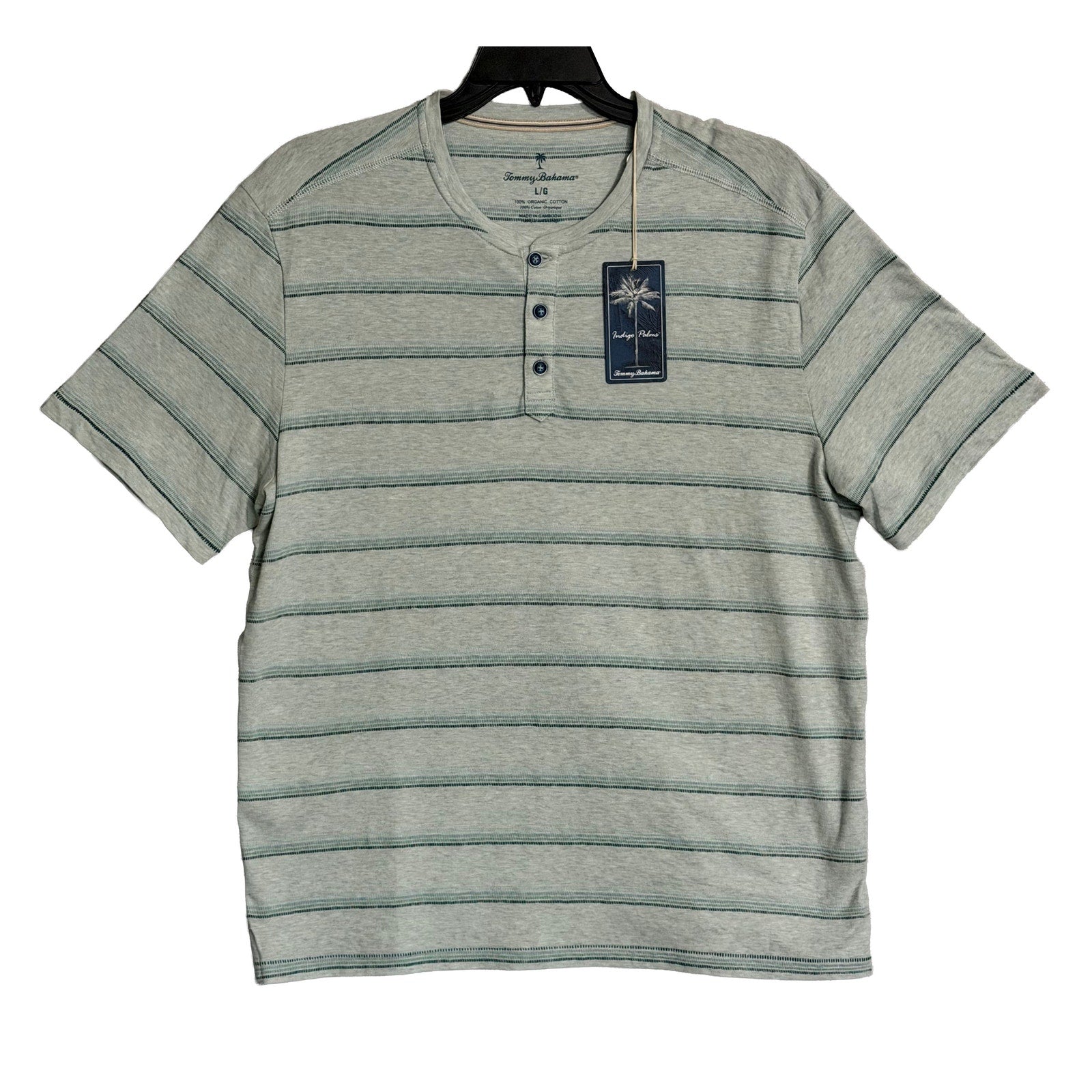 Tommy Bahama Henley Men's Large Short Slv "Soleil Stripe Henley" Overcast