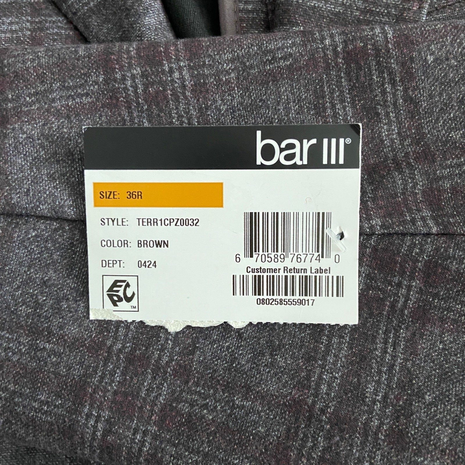 Bar III Men's 36R Slim Fit Sport Coat Stretch Unlined Brown Plaid