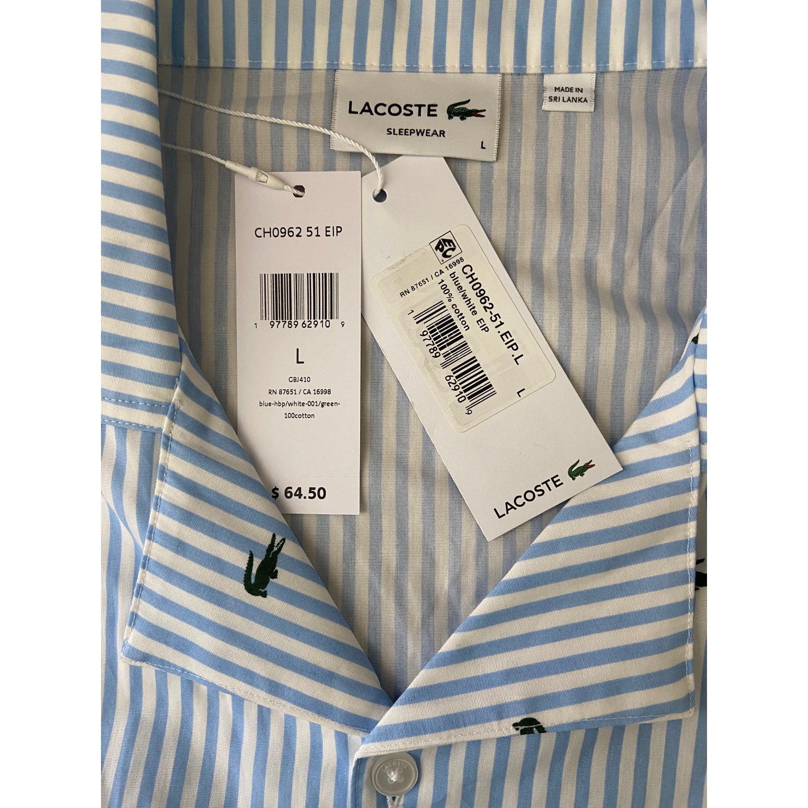 Lacoste Sleepwear Men's Large Poplin Pajama Shirt Cotton Blue Pinstripe