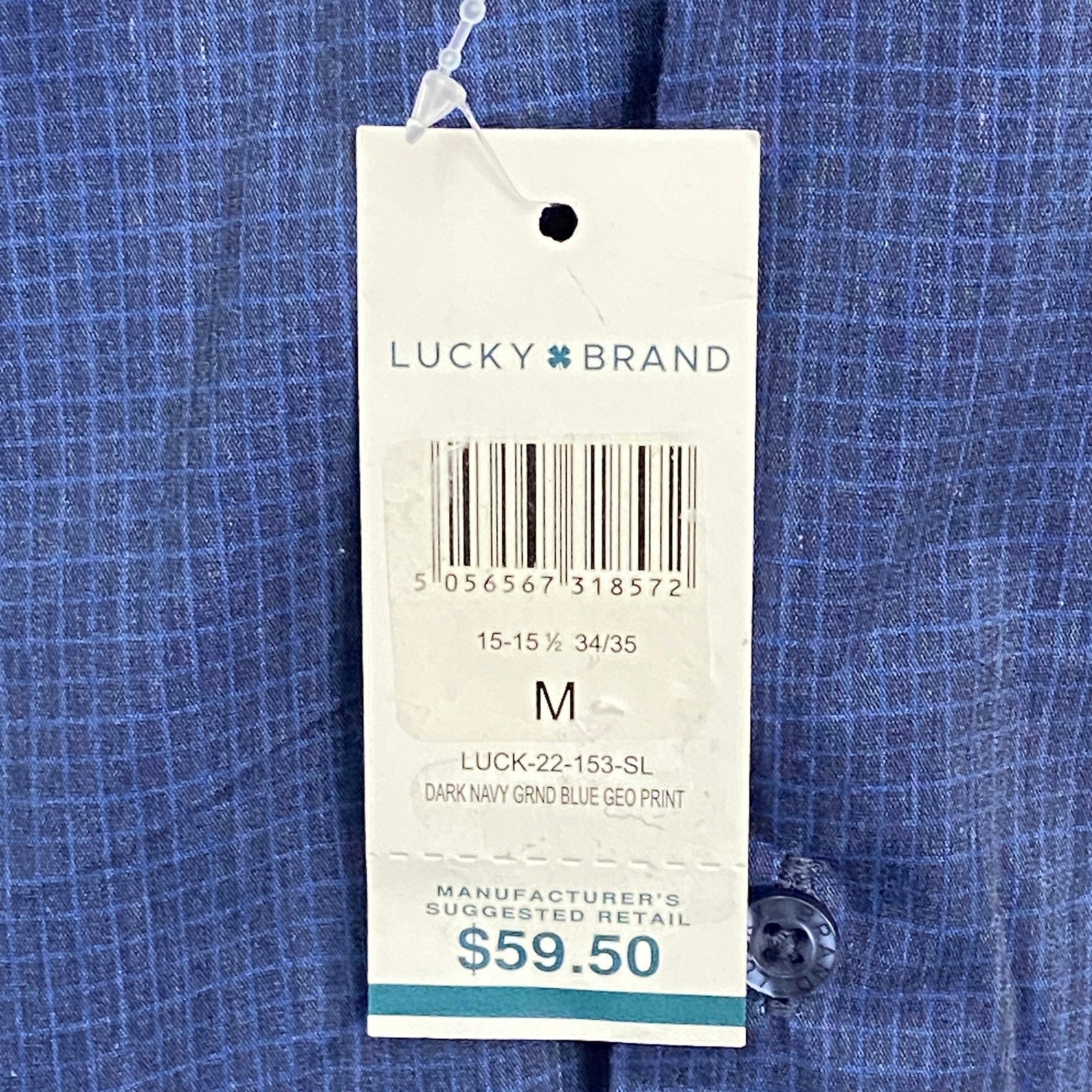 Lucky Brand Men's 15-15.5 34/35 Slim Fit Dress Shirt Blue Geo Print Stretch