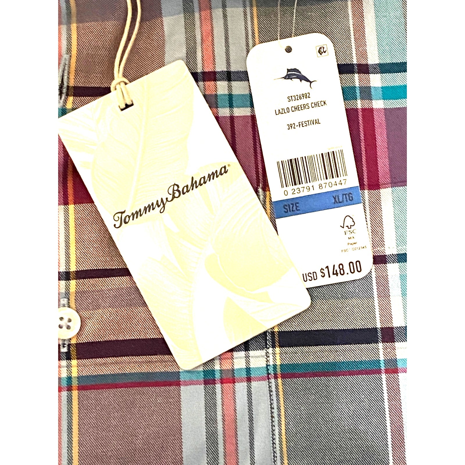 Tommy Bahama Men's XL "Lazlo Cheers Check" Shirt Silk Blend Stretch