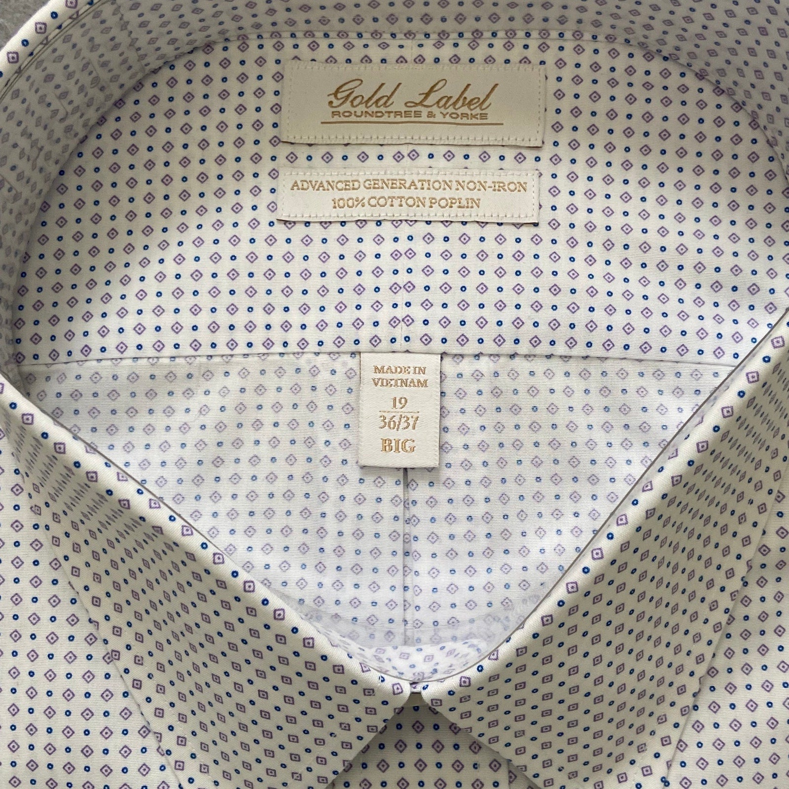 Roundtree & Yorke Shirt Big & Tall Men's 19 36/37 Purple/White Diamond