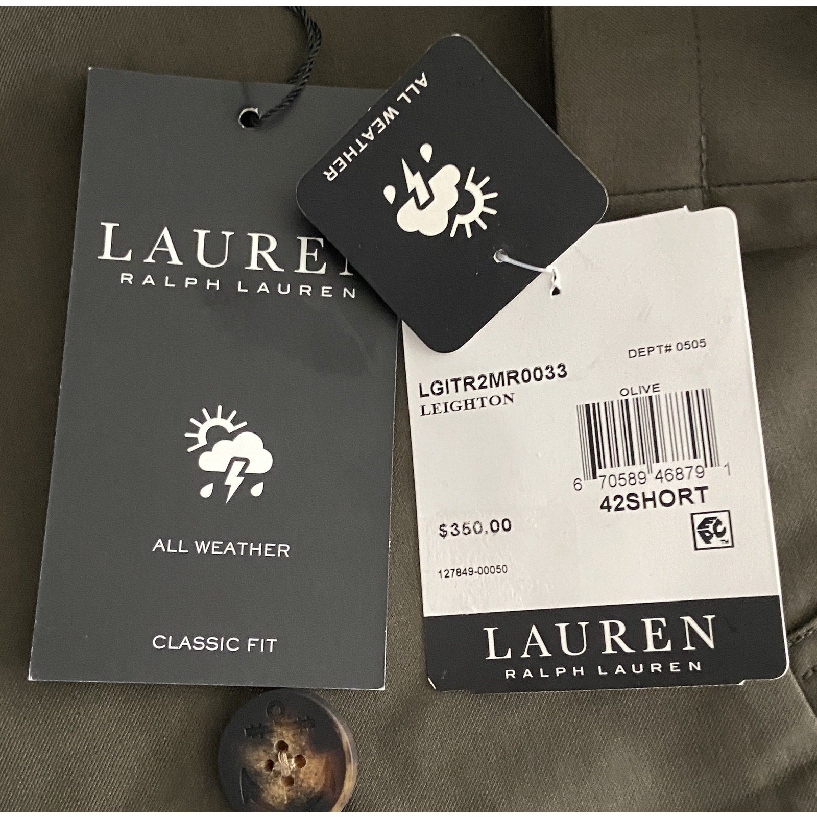 Lauren Ralph Lauren Men's 42S All-Weather Raincoat Double-Breasted Olive