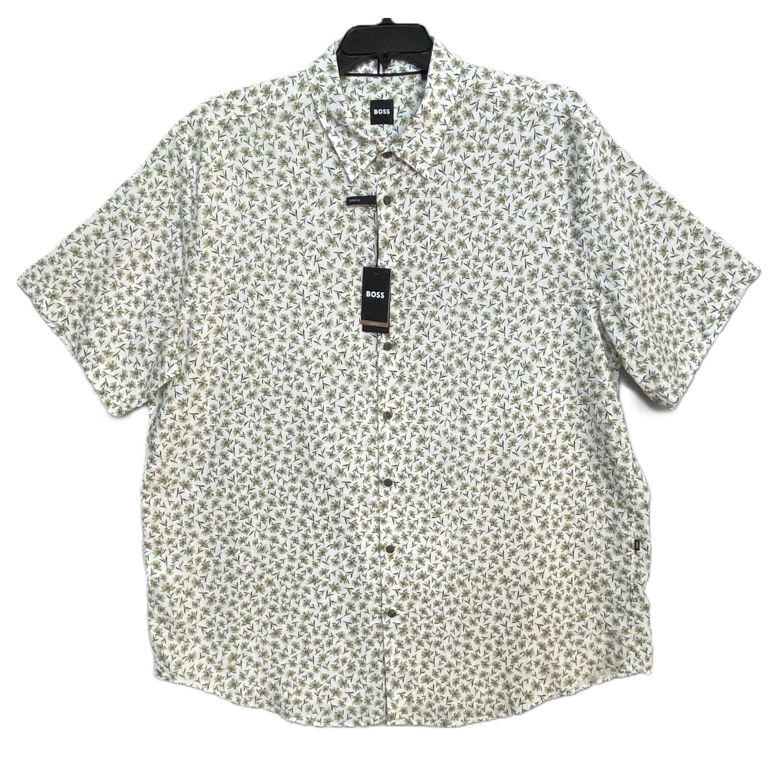 Boss Shirt Men's 3XL Big & Tall Short Slv Stretch Linen Shirt Green Floral