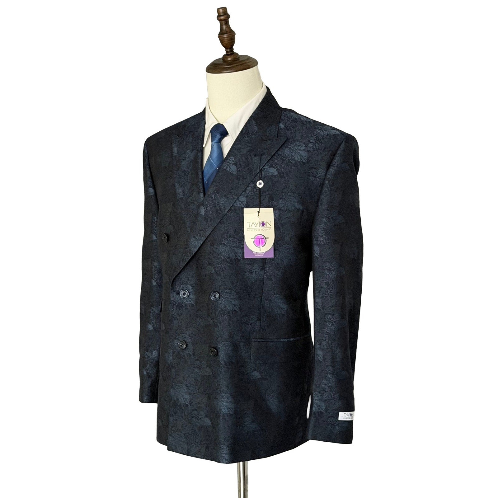 Tayion Sport Coat Men's 44 Short Double-Breasted Jacquard Blue Navy