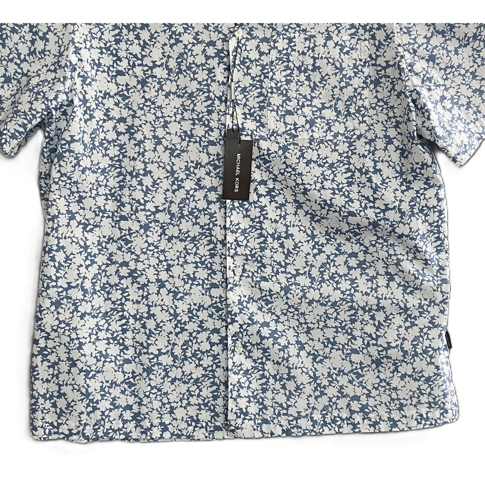 Michael Kors Camp Shirt Men's XL Relaxed Fit Blue Chambray White Floral