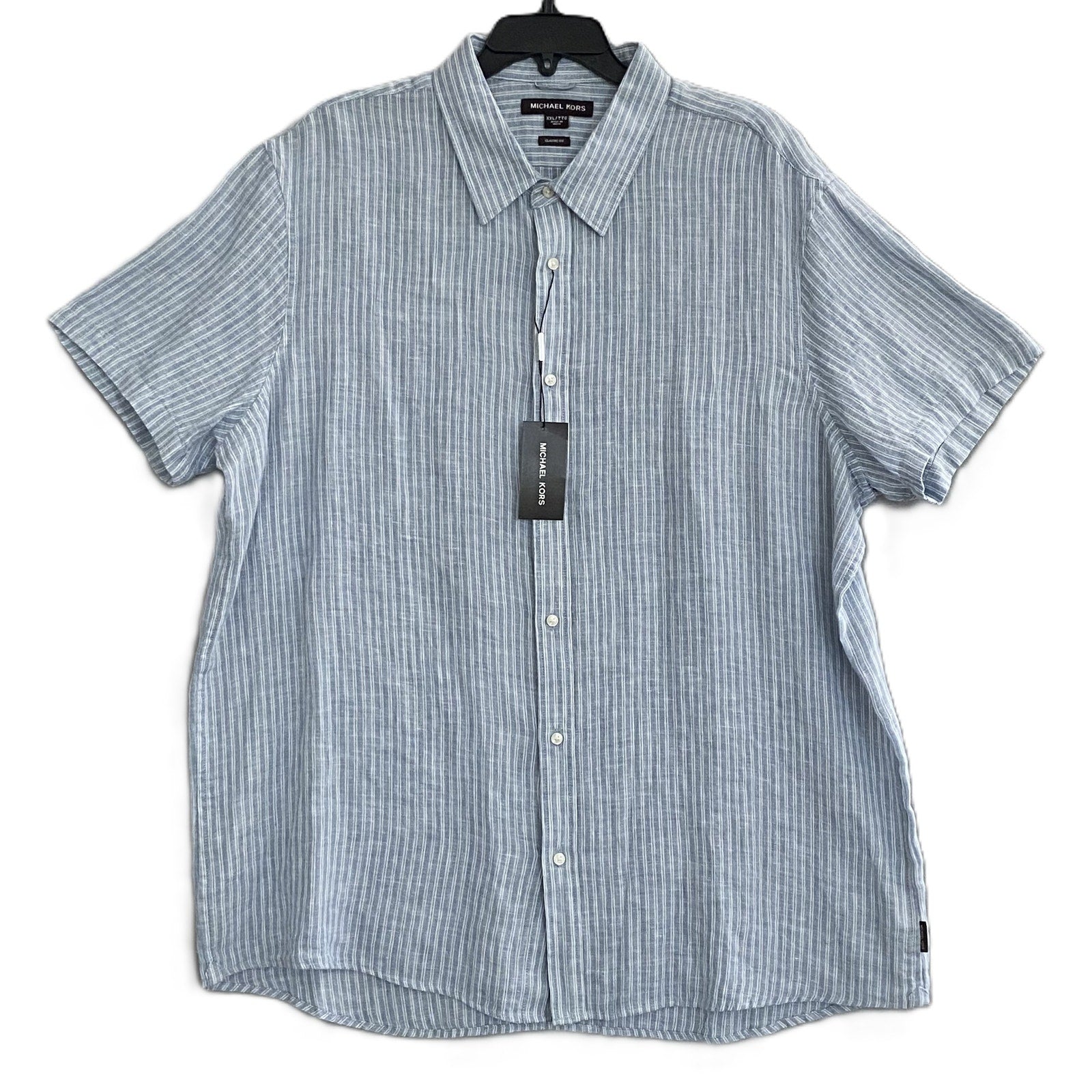 Michael Kors Shirt Men's XXL Classic Fit Linen Short Sleeve Blue Pinstripe