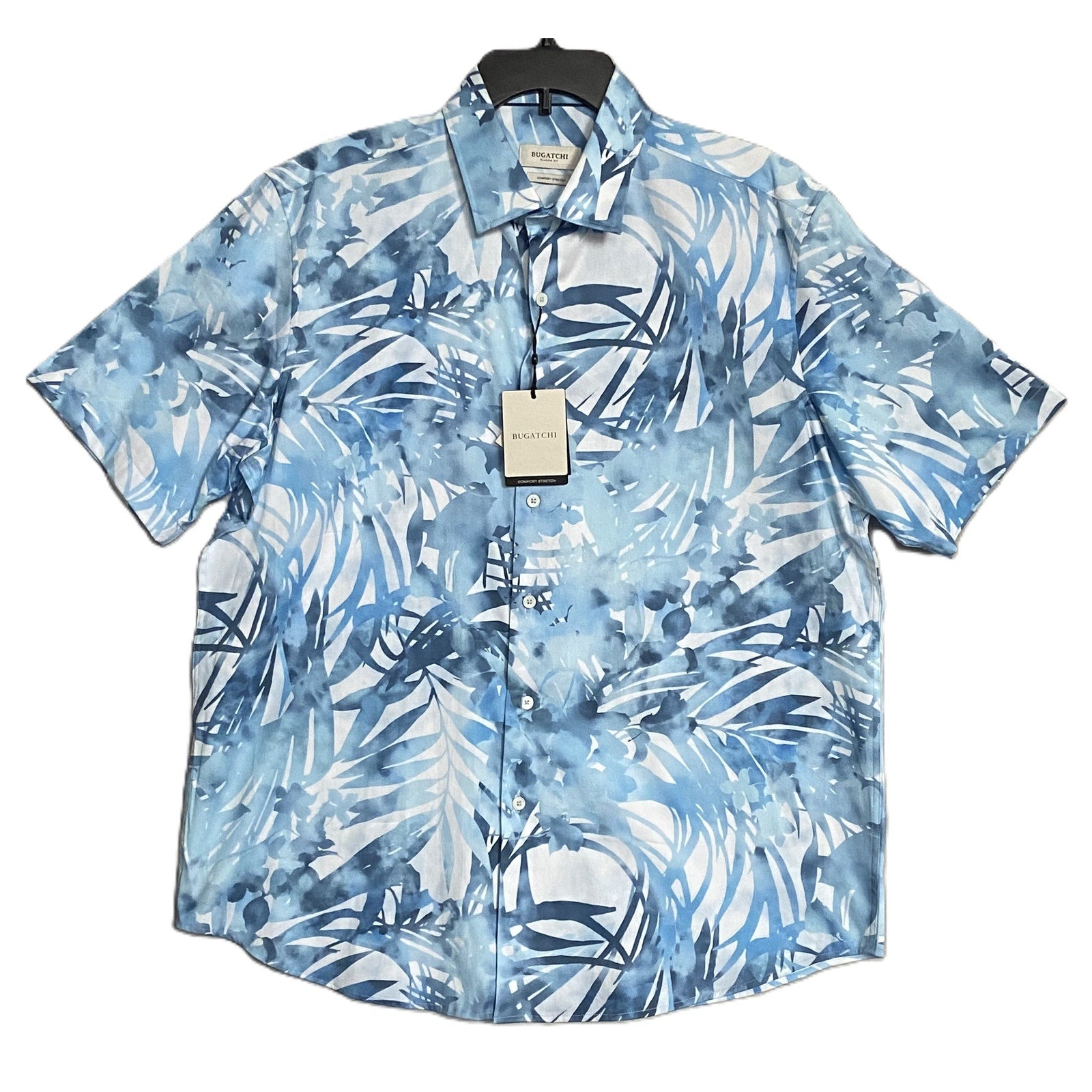 Bugatchi Shirt Men's Large Classic Fit Button-Up Short Sleeve Blue Floral