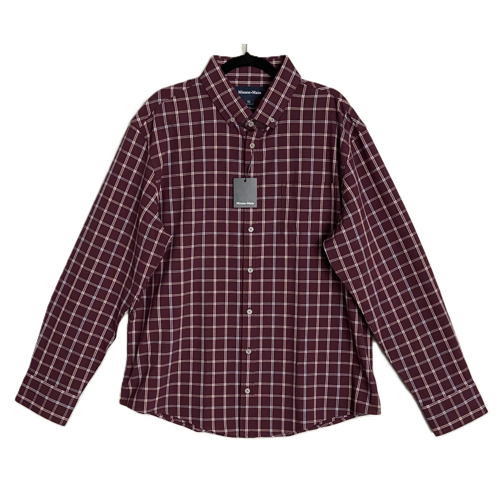Mizzen+Main Men's XXL Trim Fit City Flannel Twill Shirt Wine Richard Plaid