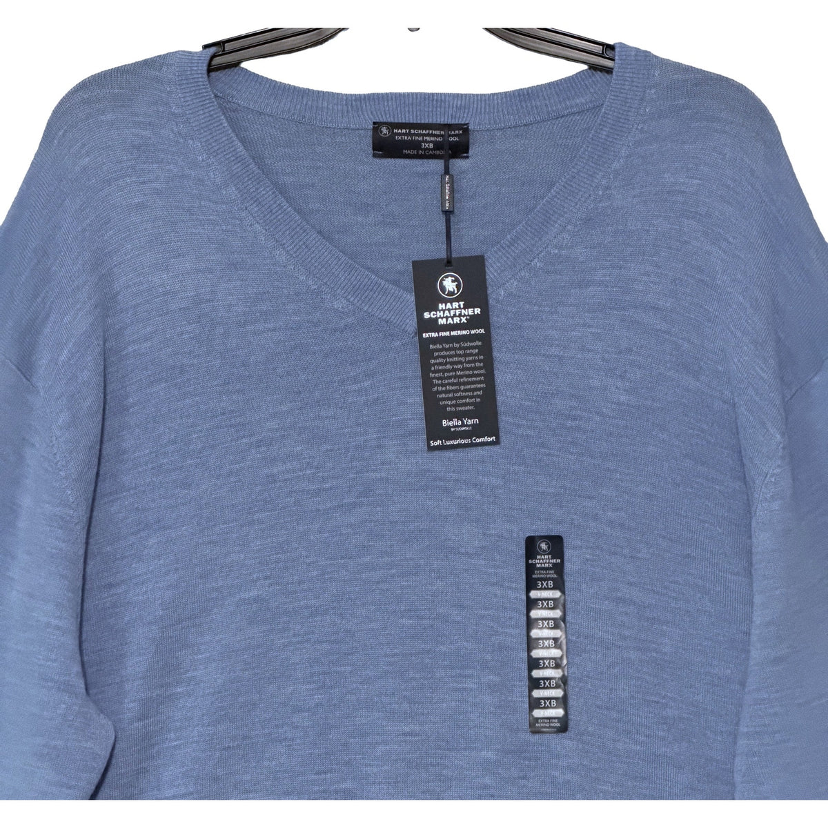Hart Schaffner Marx Sweater Men's 3XB Big & Tall V-Neck Merino Wool Lt Blue
