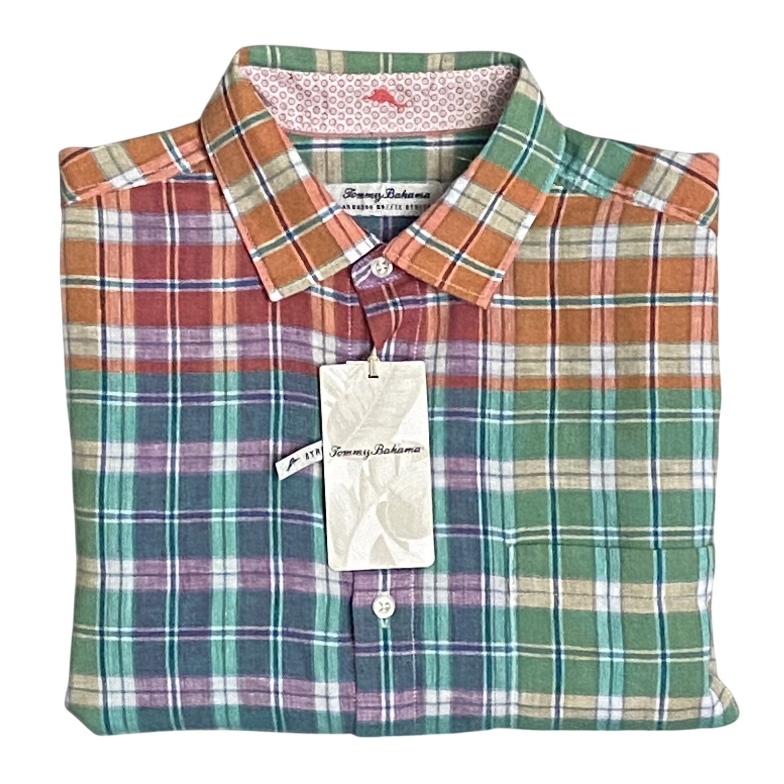 Tommy Bahama Shirt Men's Medium "Barbados Breeze Stretch" Plaid Linen Blend