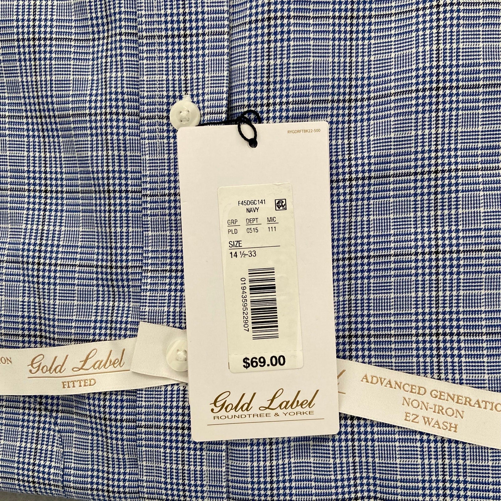 Roundtree & Yorke Shirt Men's 14.5 33 Fitted Cotton Twill Blue Plaid