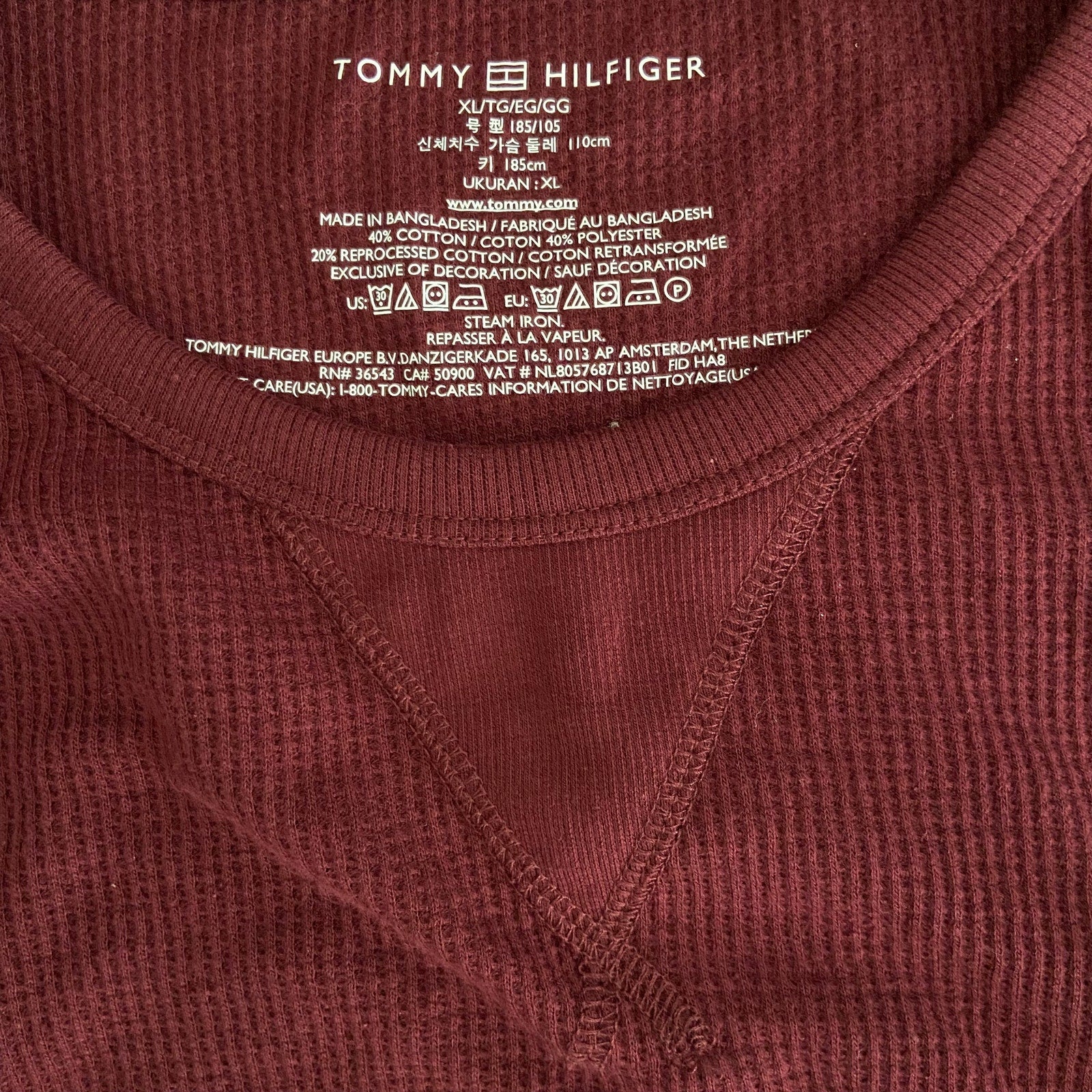 Tommy Hilfiger Tee Men's XL Long Sleeve Waffle-Knit Crew Neck Maroon