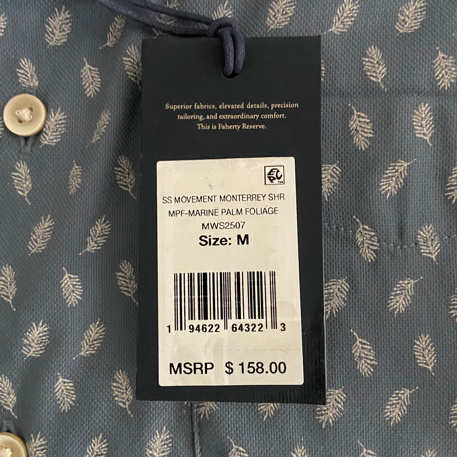 Faherty Shirt Men's Medium The Movement Short Slv Shirt Marine Palm Foliage