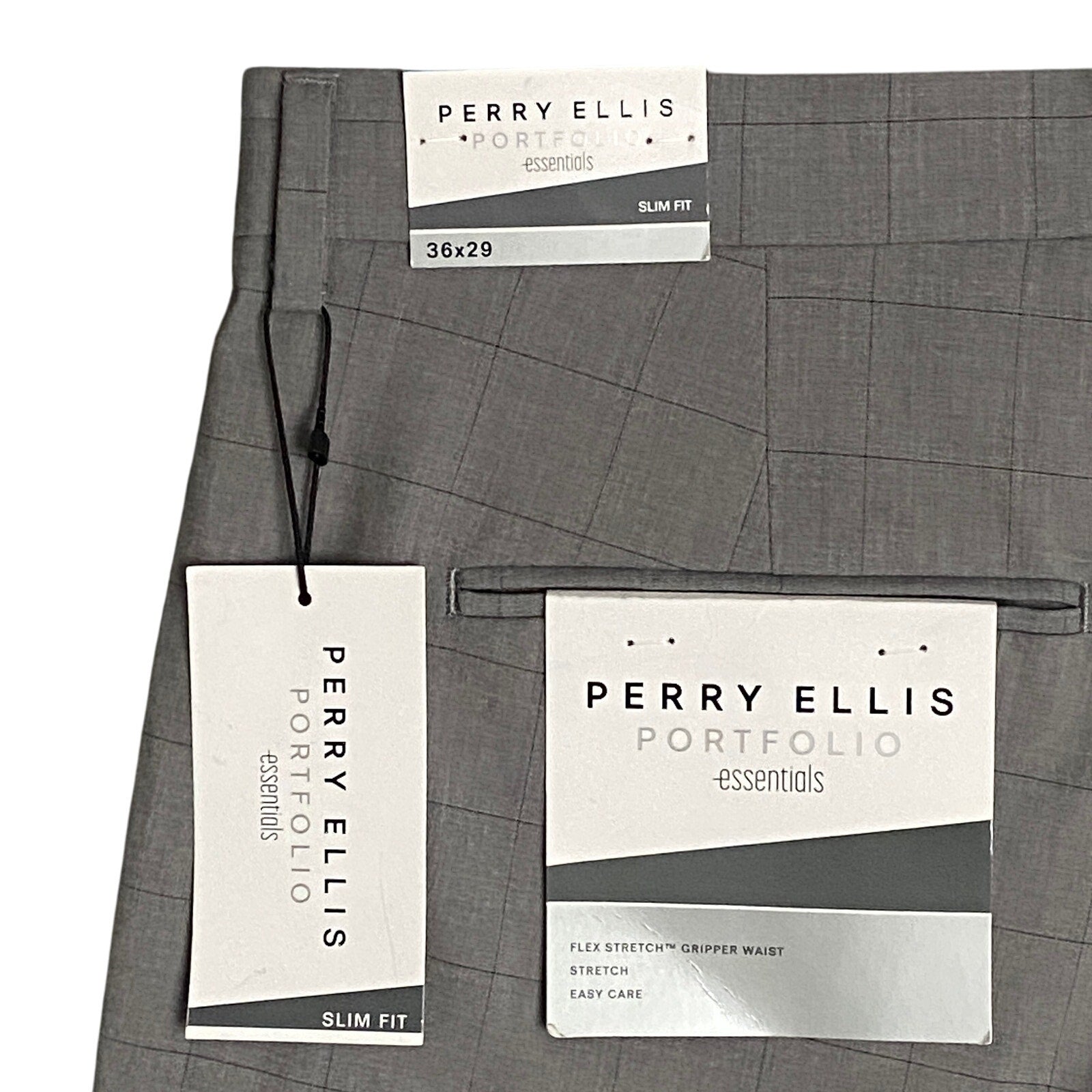 Perry Ellis Portfolio Pants Men's 36x29 Dress Pant Slim Fit Grey Window Pane NEW