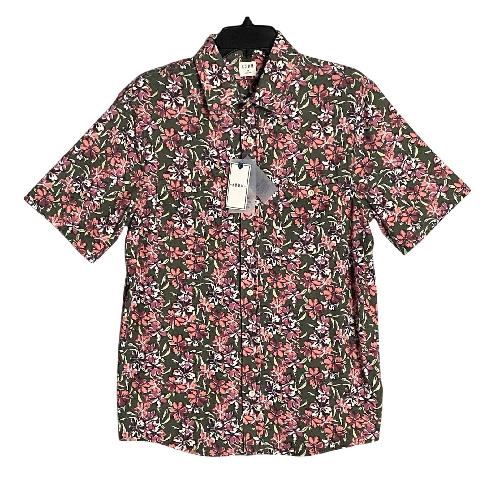 Rowm Men's Shirt Medium Casual Short Sleeve Pockets Pink Gray Floral UPF 30+