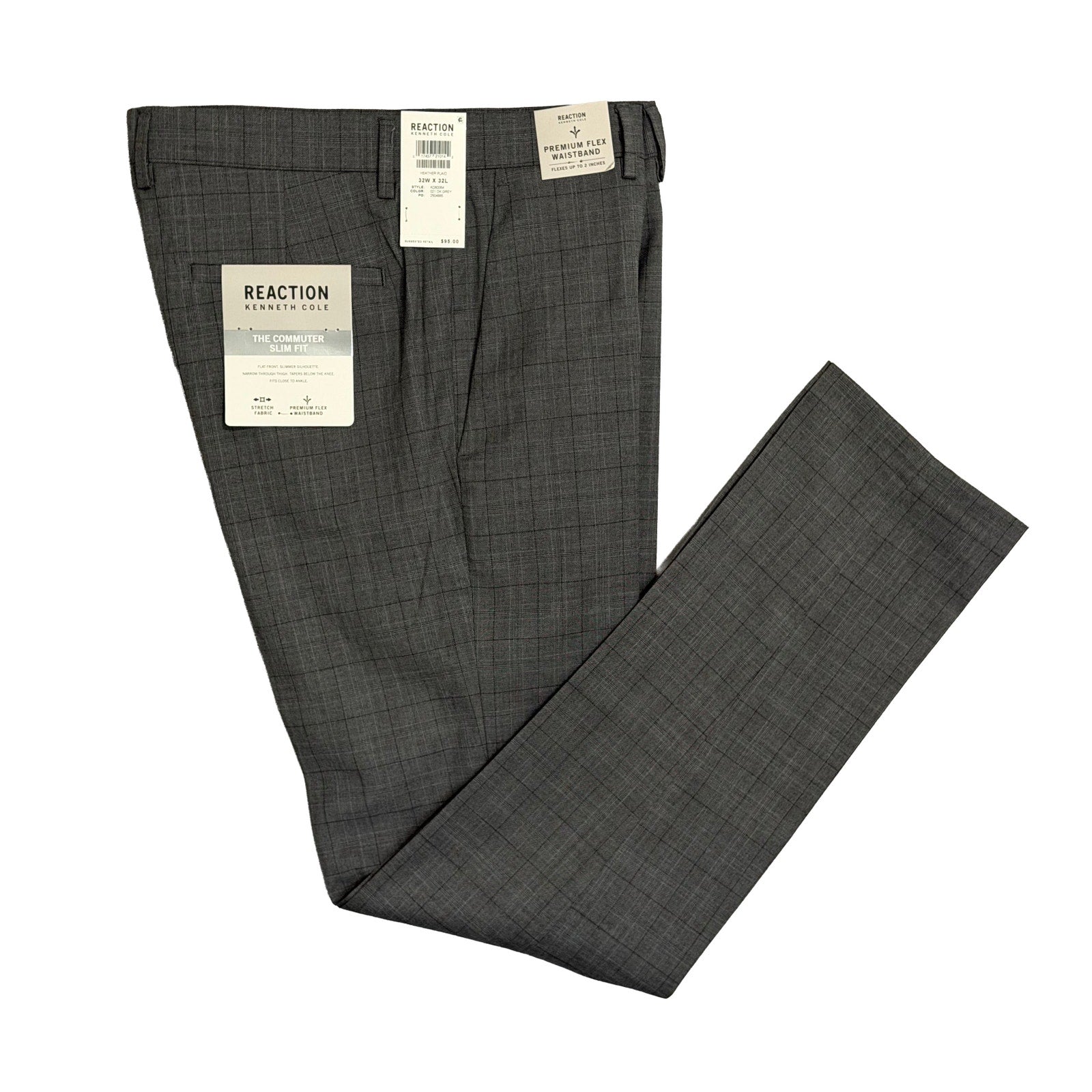 Kenneth Cole Dress Pants Men's 32"x32" Slim Fit Stretch Dark Grey Check