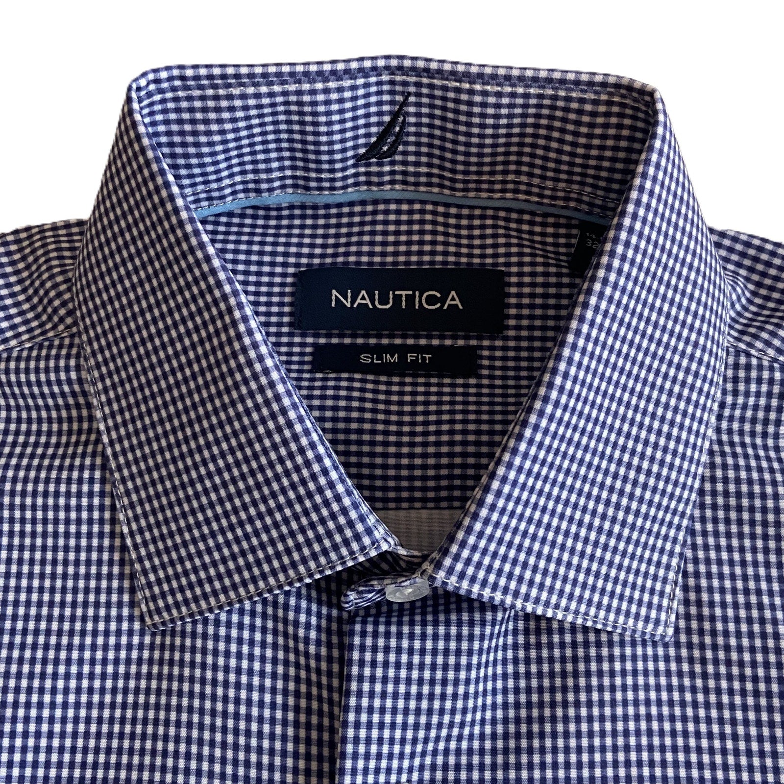 Nautica Dress Shirt Men's 14-14.5 32/33 Performance Slim Fit Blue White Ck