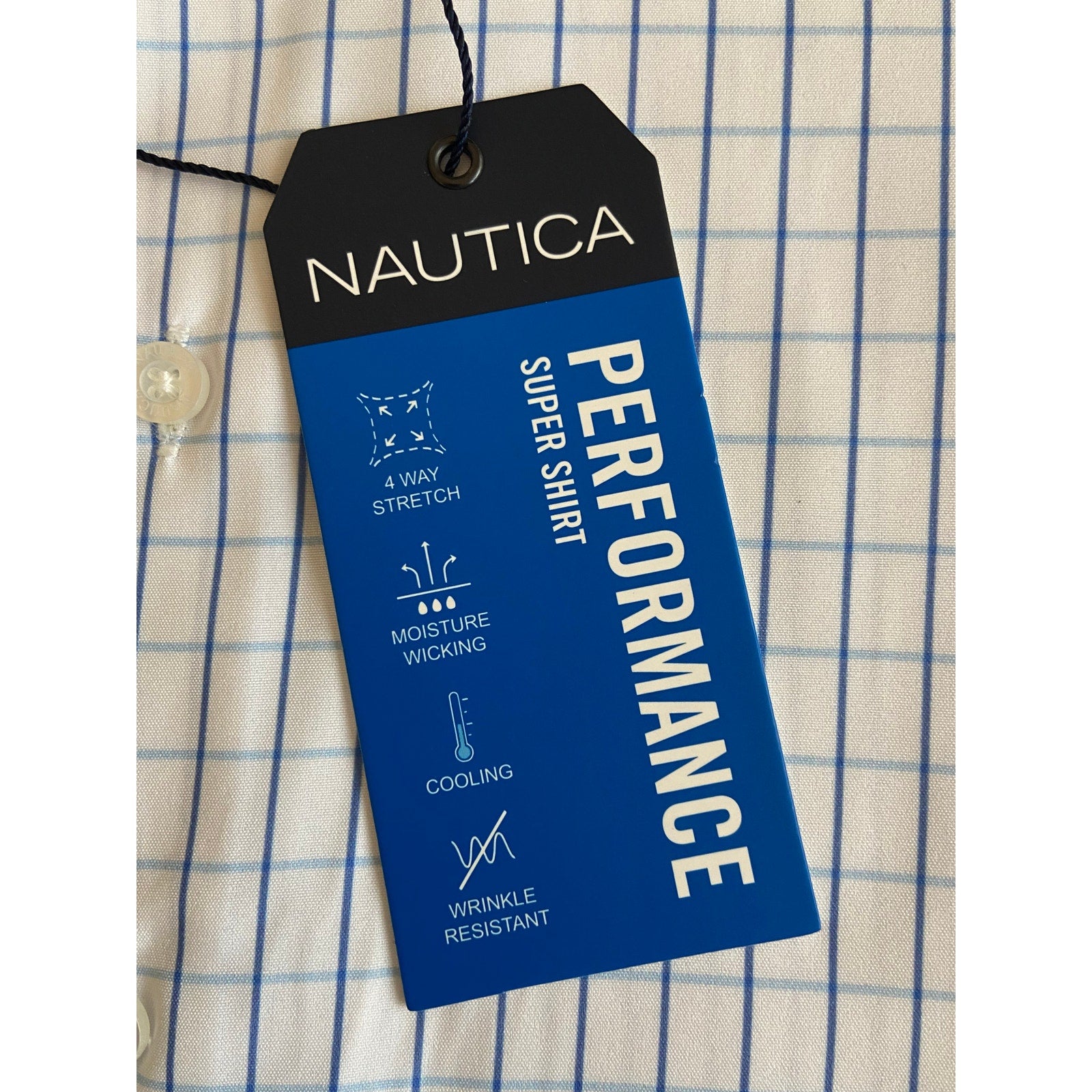 Nautica Dress Shirt Men's 14-14.5 32/33 Performance Slim Fit Blue Check