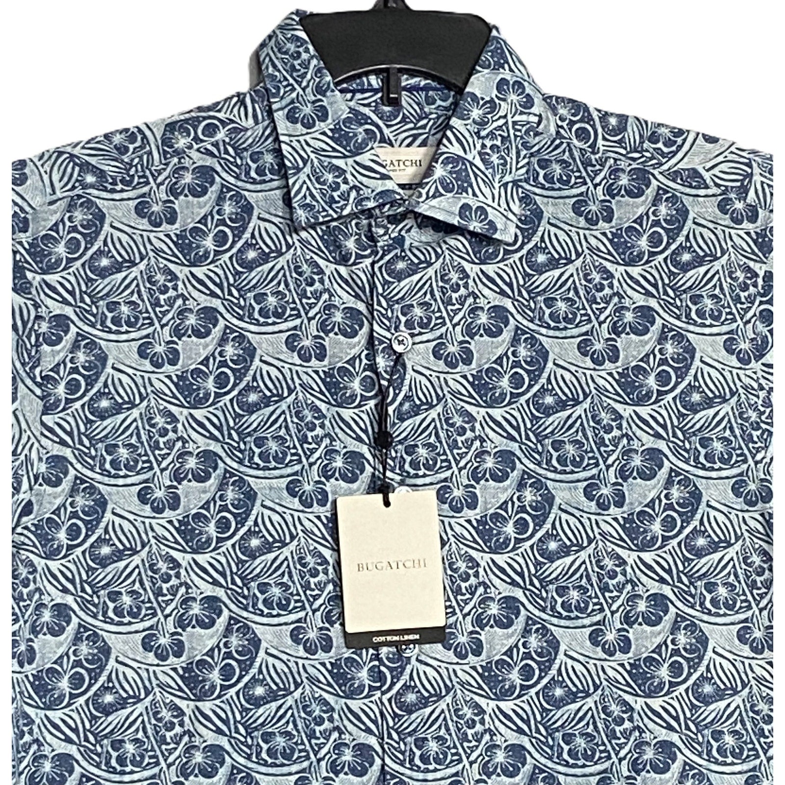 Bugatchi Shirt Men's Small Shaped Fit Linen Blend Short Sleeve Indigo Floral