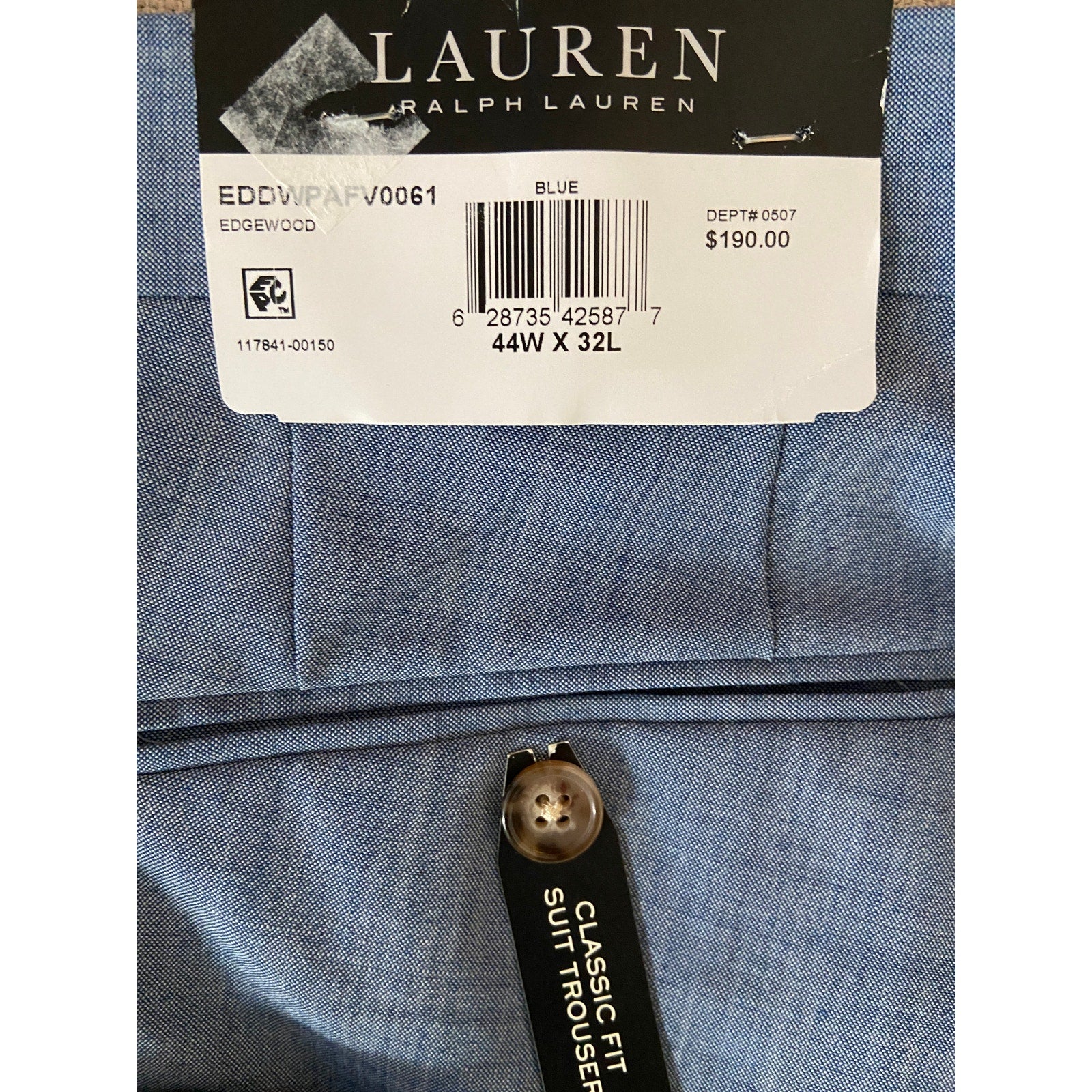 Lauren Ralph Lauren Men's 44x32 Classic Fit Flat Front Suit Pants Light Blue